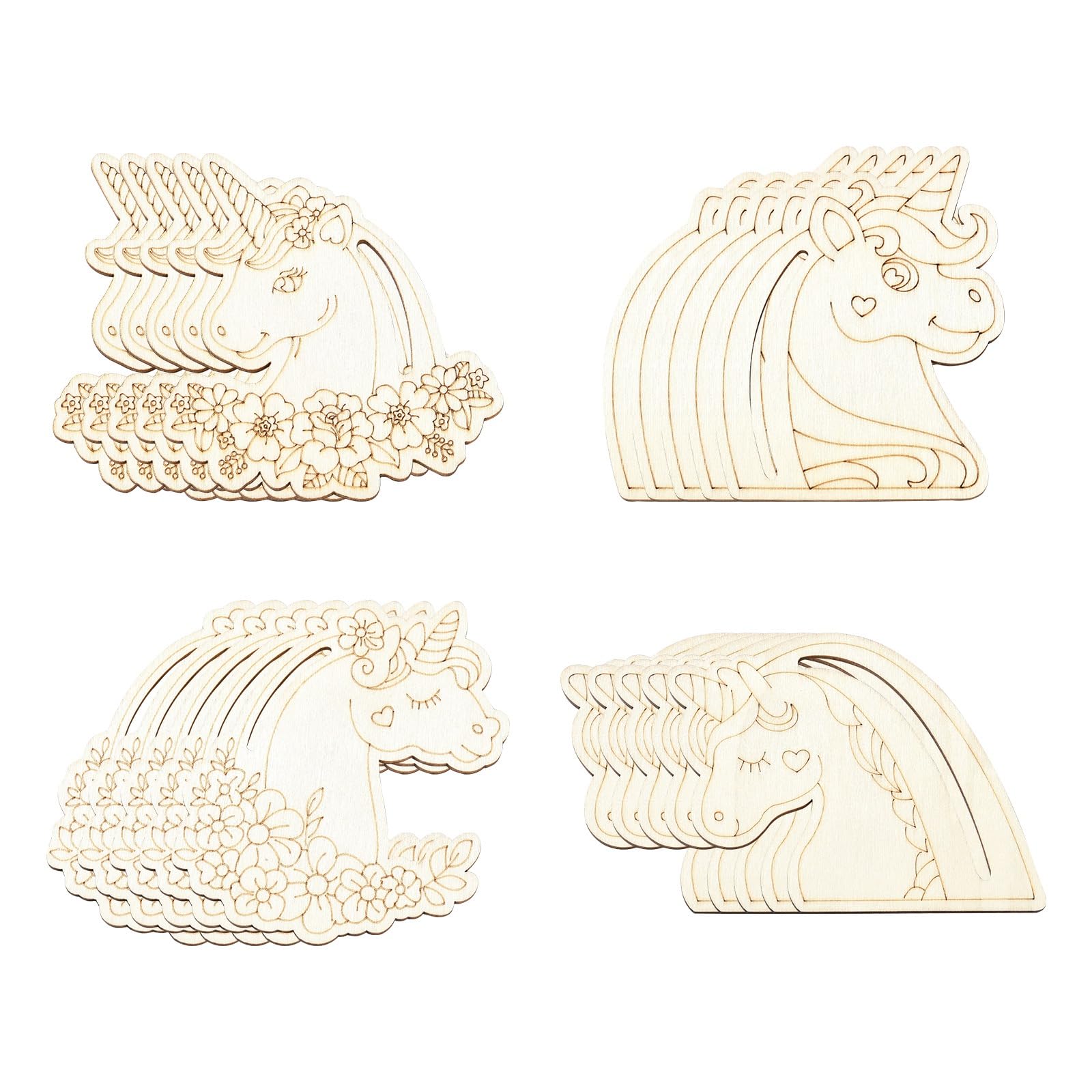 KitBeads 24pcs 4 Styles Wooden Unicorn Cutout Graffiti Flower Heart Wood Animal Craft Unfinished Blank Unicorn Head Cutout for DIY Arts Craft Project