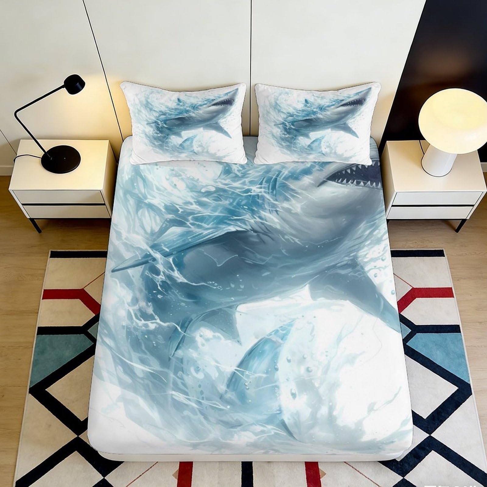 3D Printed Shark Design Fitted Sheet Microfiber Soft Breathable Ocean Wave Bed Cover for Bedroom Dormitory Guest Room Mattress Protection Decor 140x200x25cm