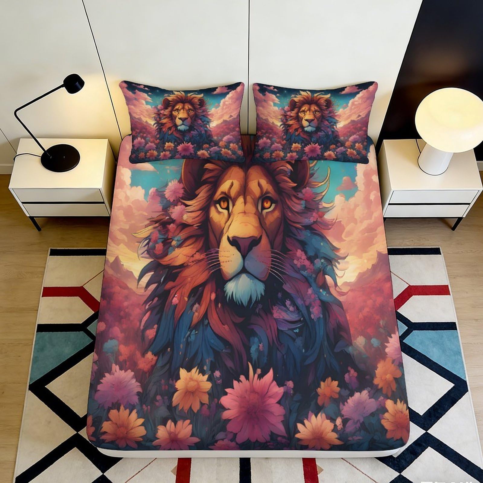 Jqzkxnhpbr Style-2 3D Printed Lion Art Fitted Sheet Microfiber Soft Breathable Floral Jungle Mattress Cover For Bedroom Guest Room 90X200x25cm