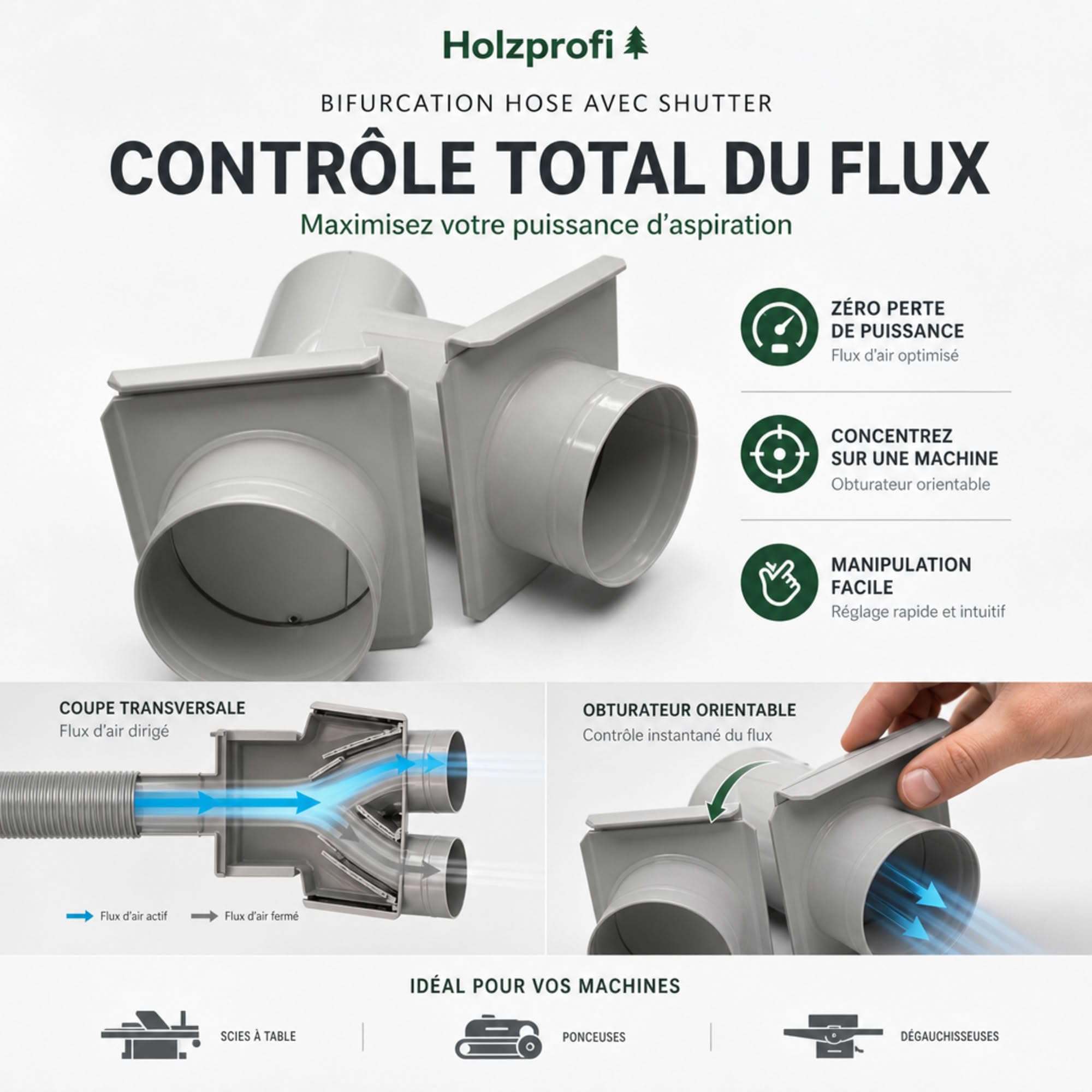 Holzprofi - Tuyau de bifurcation avec obturation entrée 100 sortie 100/100 mm - AB-AM100 100/100 - Holzprofi