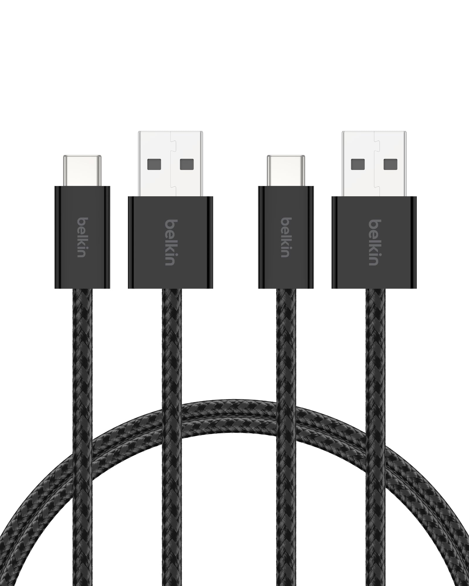 Belkin Confezione da 2 cavi intrecciati da USB-A a USB-C da 1,5 m, 15 W, cavo flessibile per ricarica rapida, cavo Type-C per iPhone 16 e iPhone 15 series, Galaxy S25, Pixel 9, iPad Pro ecc., nero