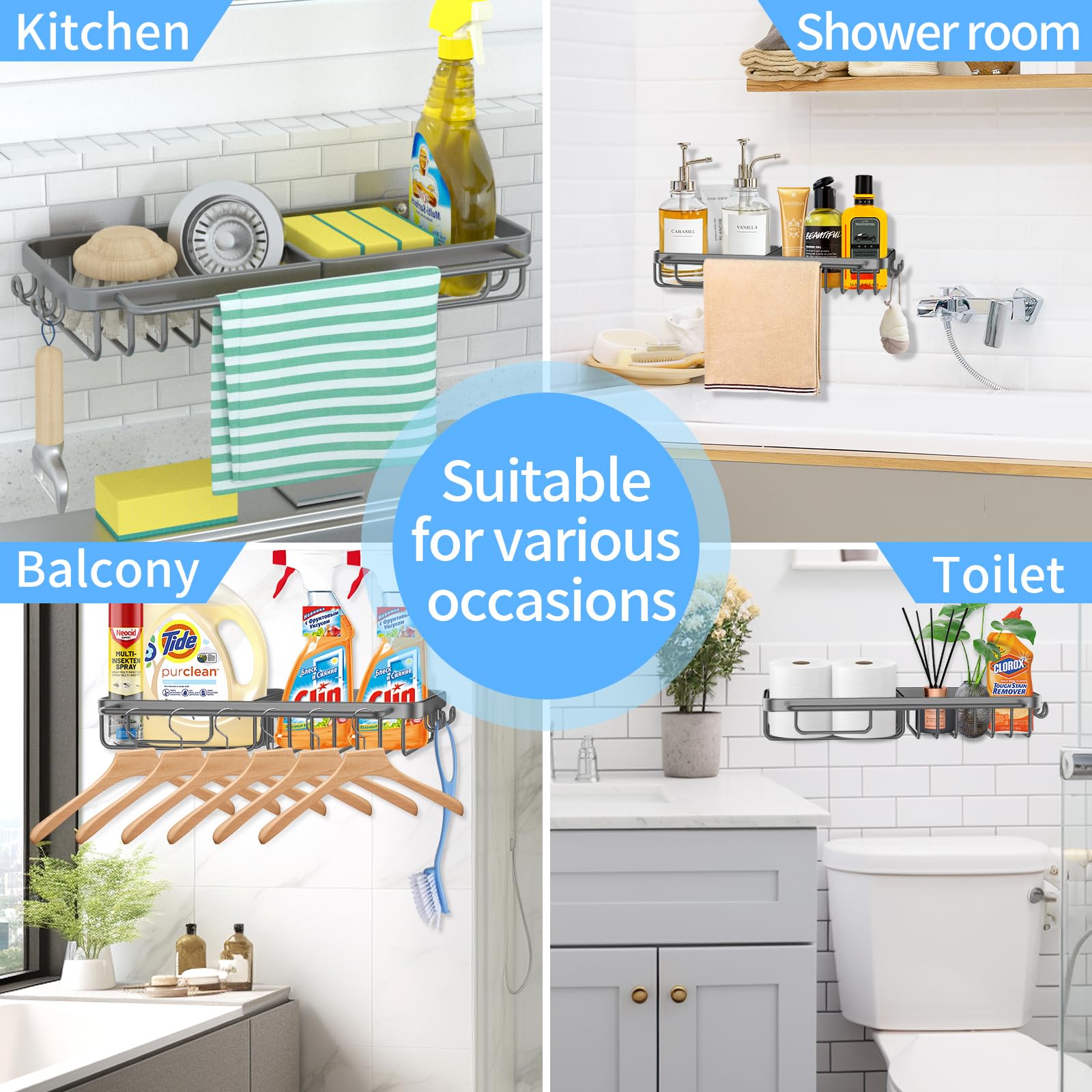 Porta Spugne Per Lavello Cucina | Con Divisori E Portasciugamani | Grigio | Alluminio Spaziale | Senza Fori - Foto 6