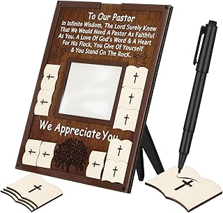 Pastor Appreciation Gifts Frame Wood Chips and Signature Pen Pastor Plate Plaque Thank You Birthday Gift for Priest Men Minister Appreciation Sign for Preacher Tabletop Church Decoration