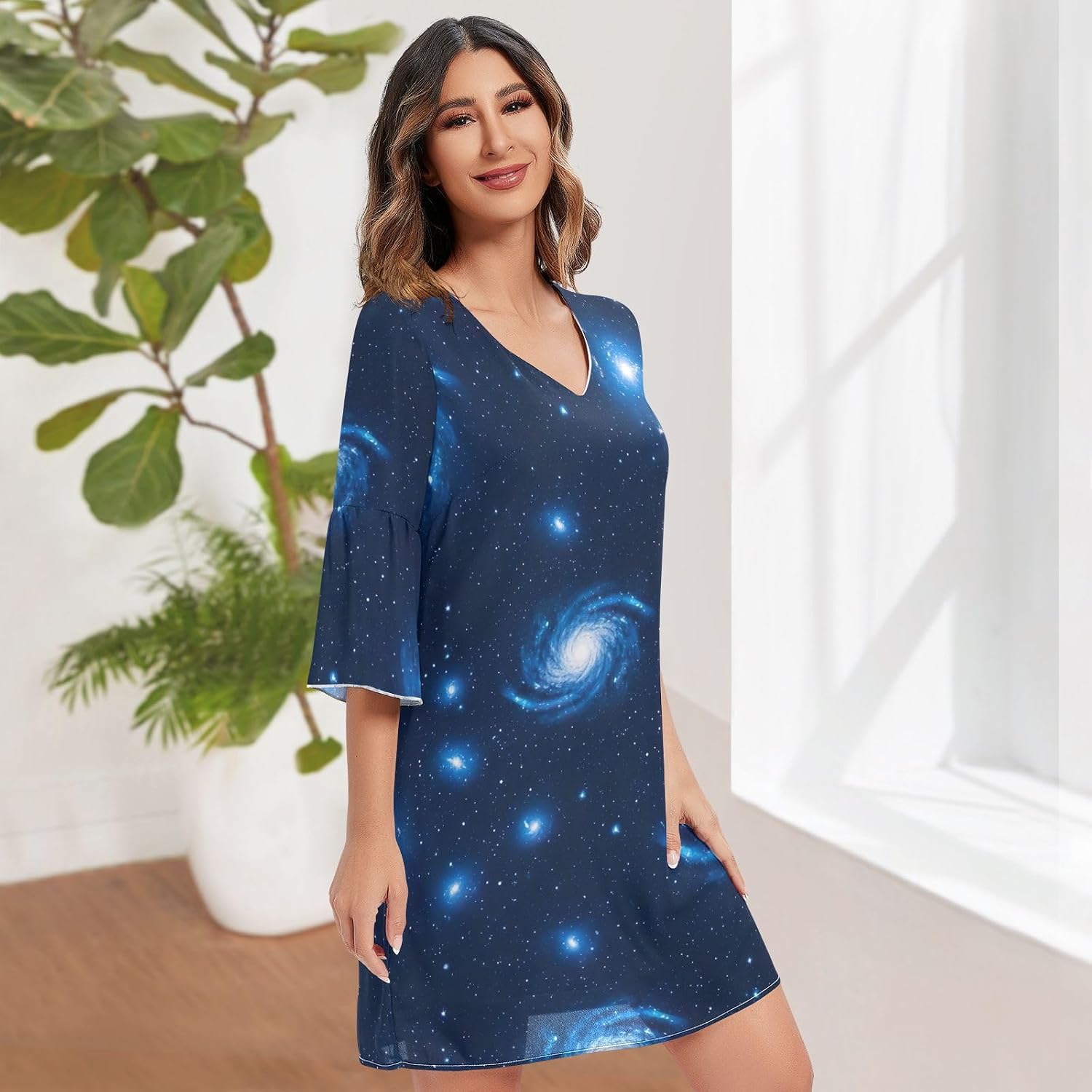 Deep Space Galaxy Blue Stars Chiffon Dress Printed Maternity Dress Party