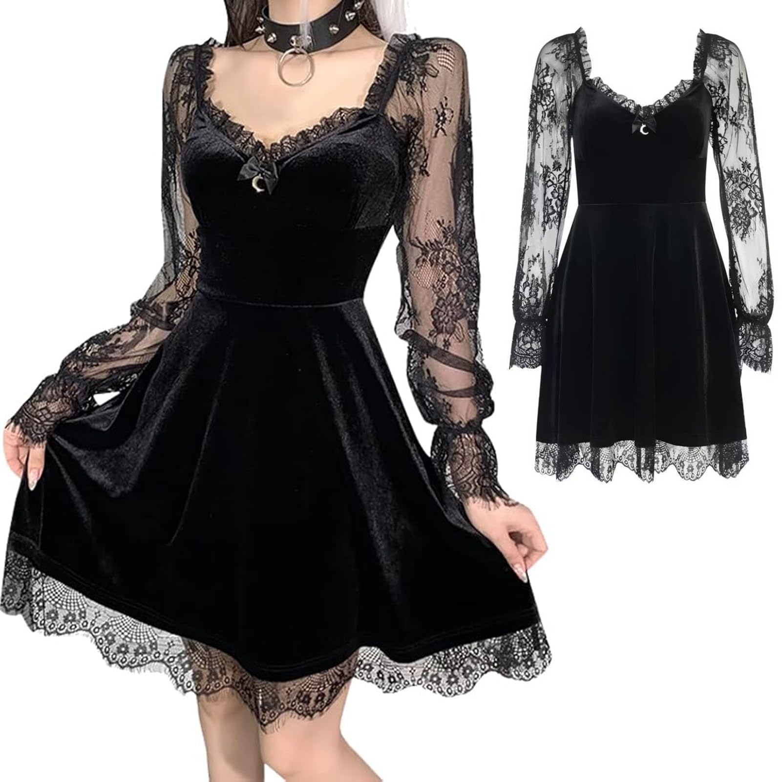 Yoller Gothic Kleid, Schwarz Halloween Kleid Damen, Vampir Kleid Spitzenkleid, für Mottopartys, Kostümfeste, Karneval und Halloween