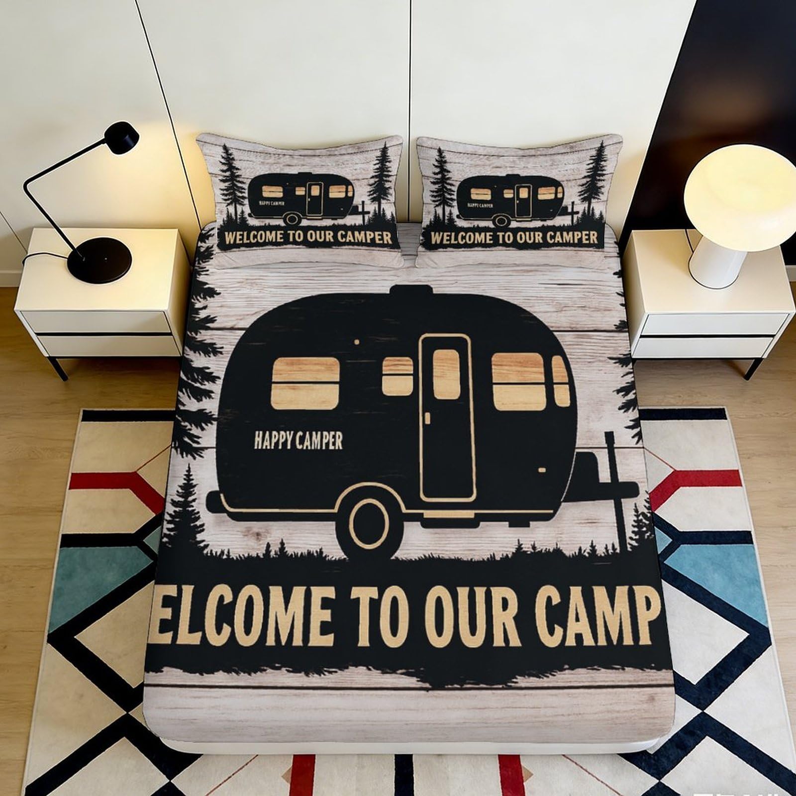 3D Printed Camper Trailer Fitted Sheet Microfiber Rustic Wood Mattress Cover Anti-Slip Washable for Bedroom Dorm Camp Decor 90x200x25cm