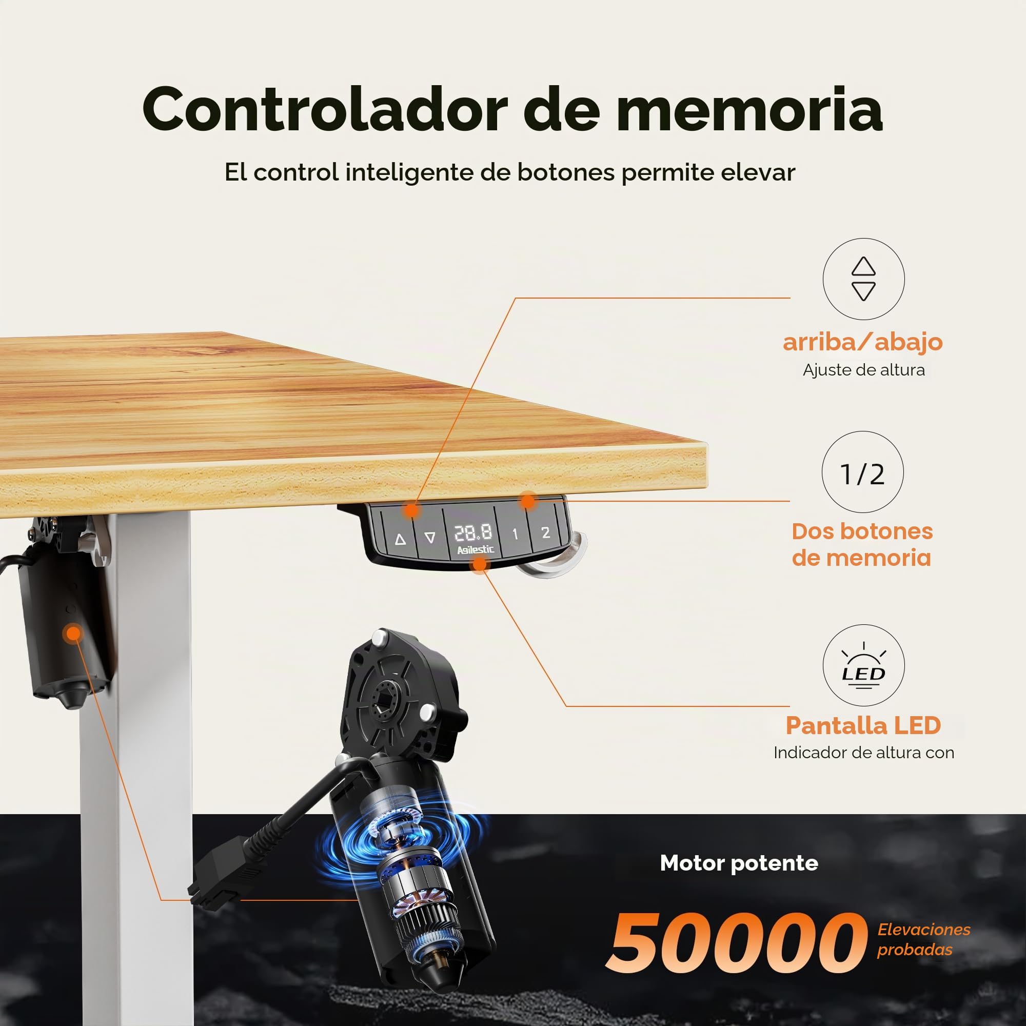 Agilestic Escritorio Elevable Eléctrico 160x80 cm, 2 Memorias, Marrón Claro | Altura eléctrica regulable, sistema anticolisión y motor silencioso. Carga 70 kg, ideal para oficina y gaming.