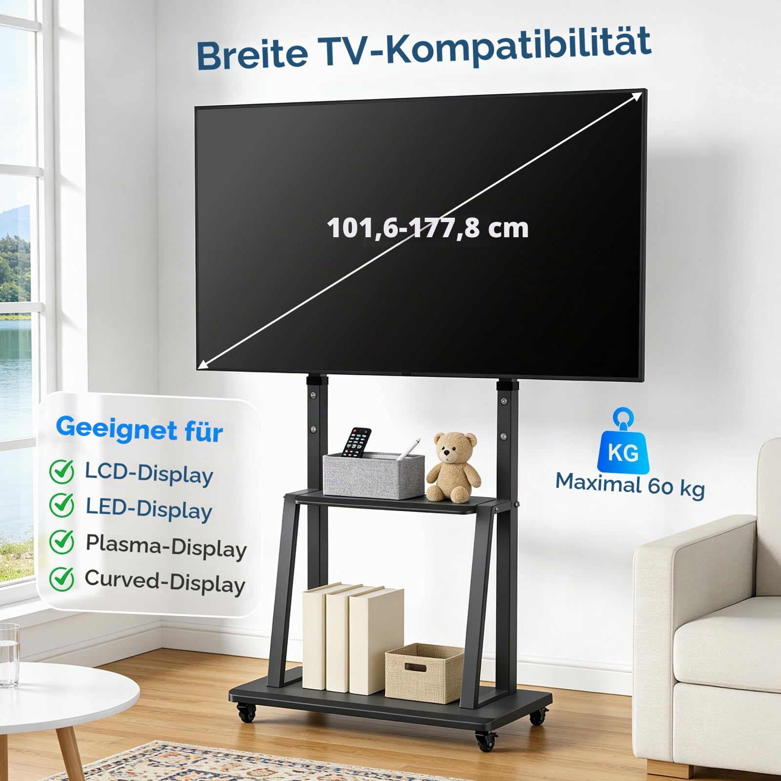 TV Ständer mit Rollen, Mobiler Fernsehtisch für 40-70 Zoll, Höhenverstellbar 123-155 cm, aus Metall für Wohnzimmer Büro, bis max. VESA 600x400, 155x70x43cm