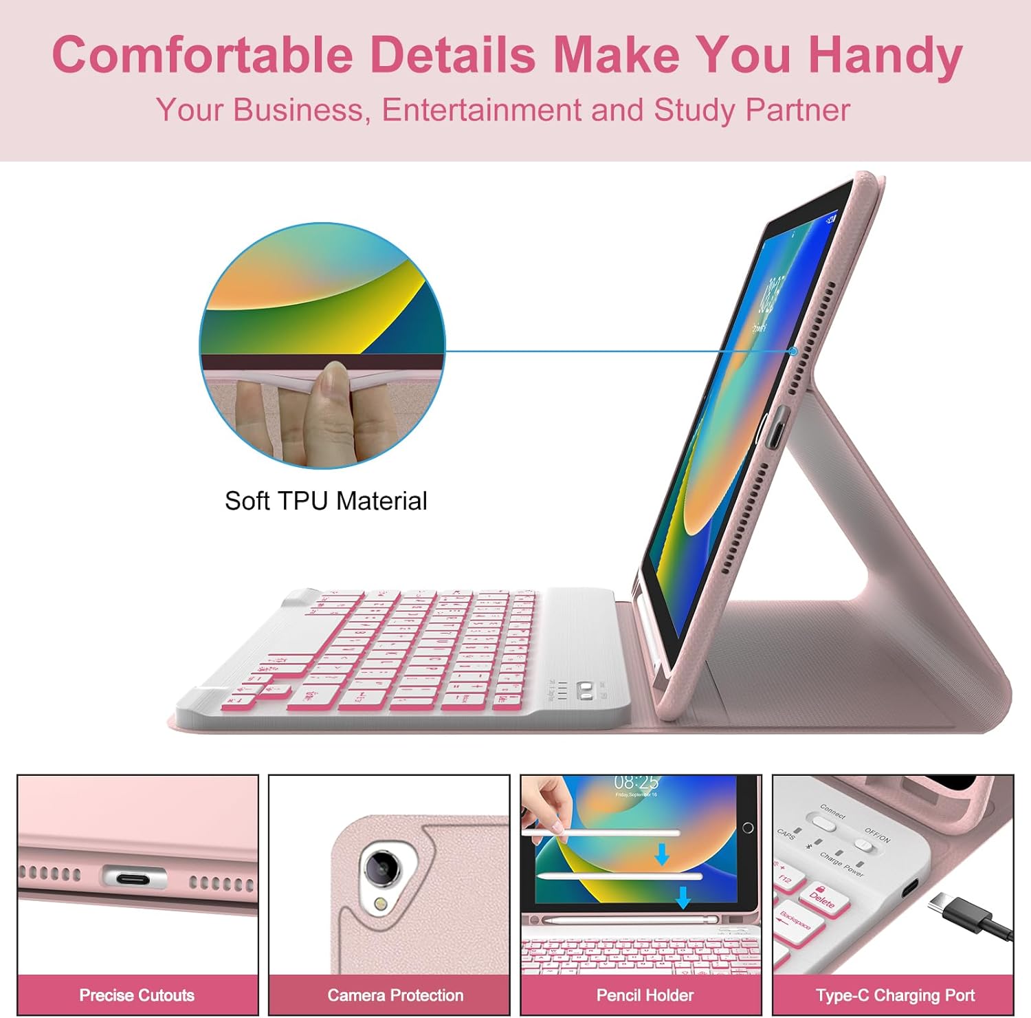 BORIYUAN iPad 9th 2021/8th/7th Generation Keyboard Case, 7 Colors Backlit Detachable Keyboard Slim Folio Smart Cover for iPad 10.2"/iPad Air 10.5"(3rd Gen)/iPad Pro 10.5" with Pencil Holder – Pink