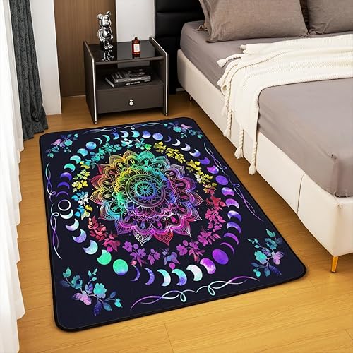 Miniatura 4 de Erosebridal Alfombra de área con diseño de mandala y luna para jóvenes y adultos, 3 x 5, alfombra decorativa de fases lunares en acuarela galaxia,