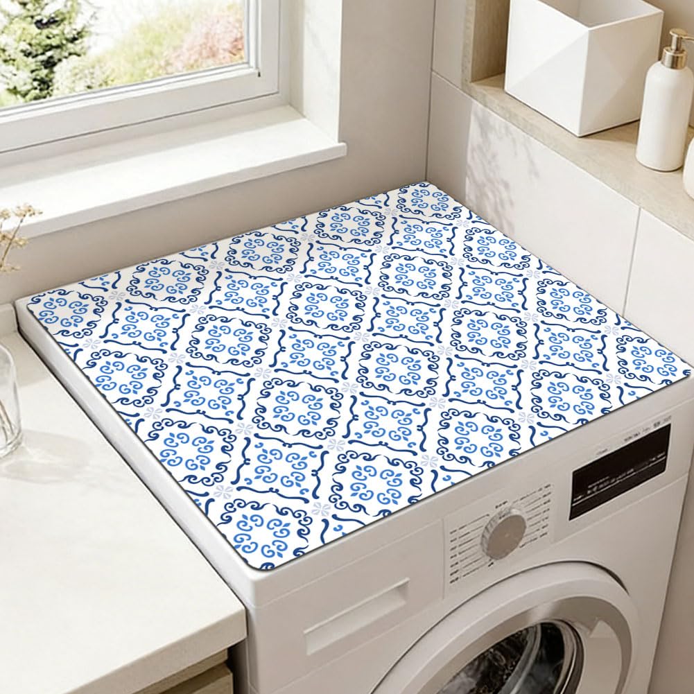 SUPERDANT Tappetino per lavatrice per lavatrice e biancheria a carico dall'alto, 60 x 50 cm, impermeabile, antiscivolo, copertura del dispositivo con motivo marocchino blu per l'arredamento della