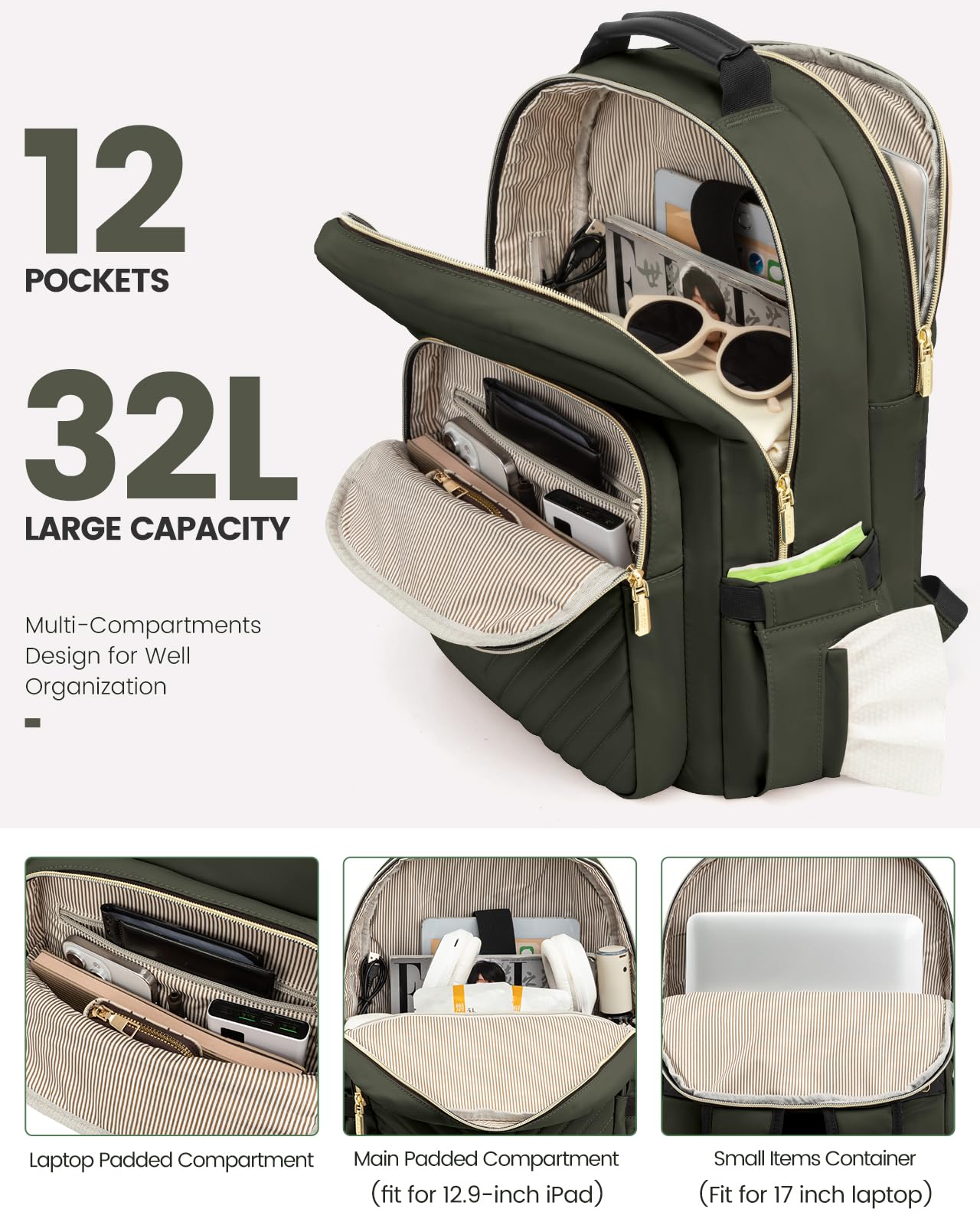 LOVEVOOK Large Olive Green Laptop Women\'s Backpack Amazon.com: LOVEVOOK Laptop Backpack for Women - Stylish  main image 3