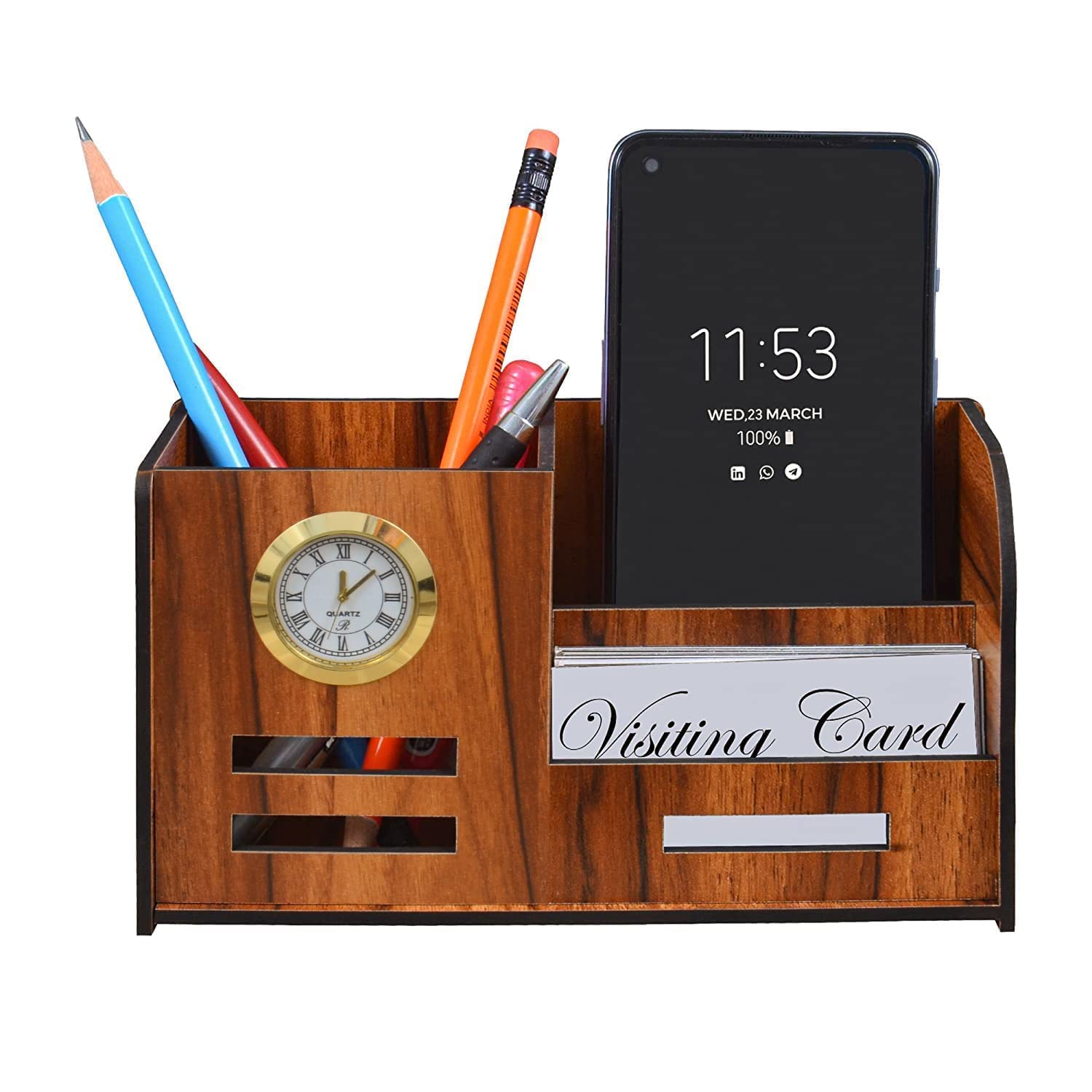Pen Holder for Table Stylish Wooden Pen Stand With Clock, Mobile and