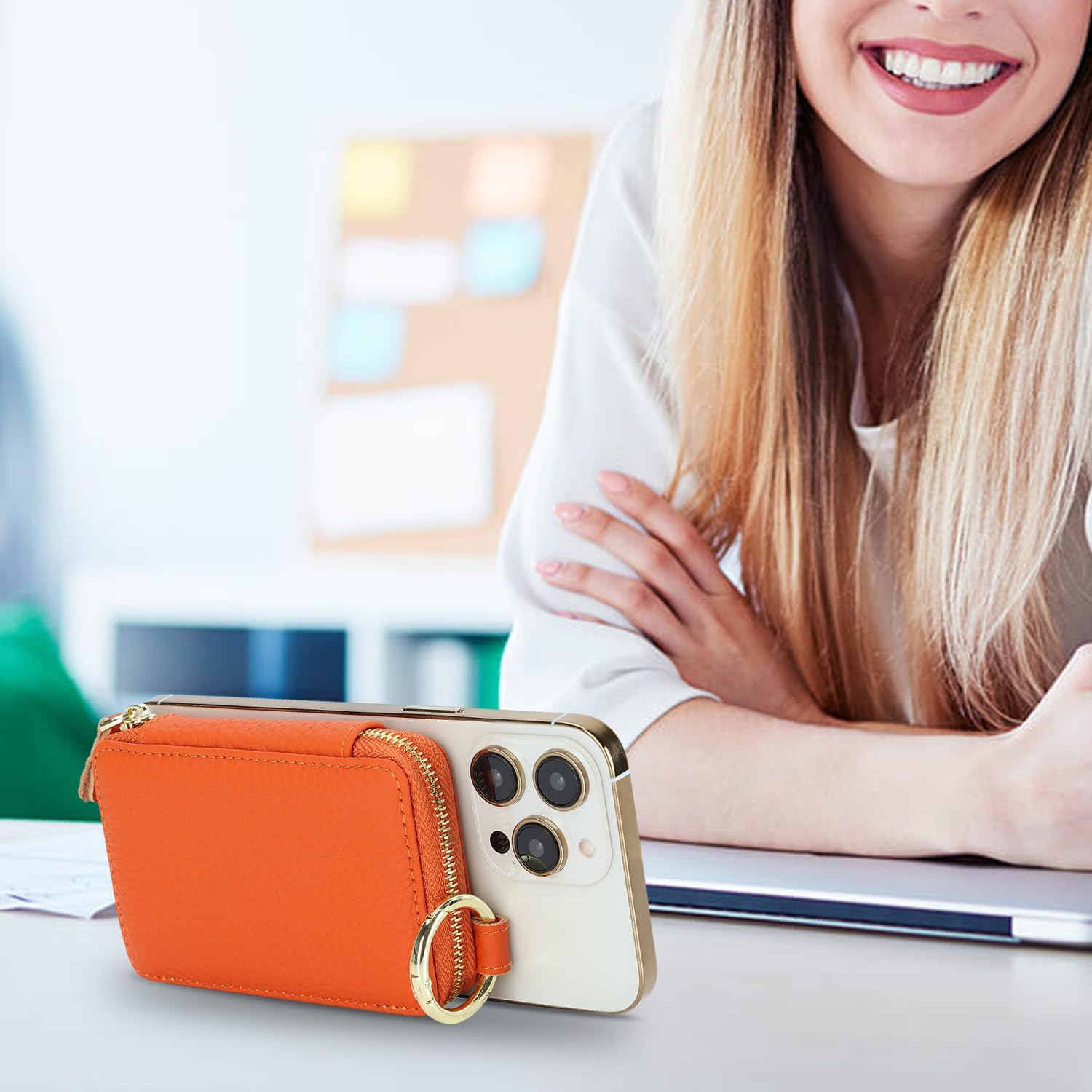 Cavor Compatible with MagSafe Wallet Genuine Leather Cash Wallets for Women, Magnetic Phone Wallet for iPhone 17 Pro Max/16/15/14/13/12, id Credit Card Holder with Mag safe Keychain-Orange
