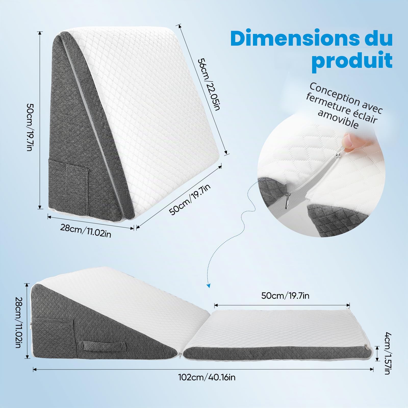 Coussin Incliné Réglable - Oreiller Ergonomique en Mousse Mémoire 50x50x26cm, Coussin de Lecture pour Canapé/Lit, Support pour Assise et Jambes, Housse Lavable, pour Détente du Cou et du Dos