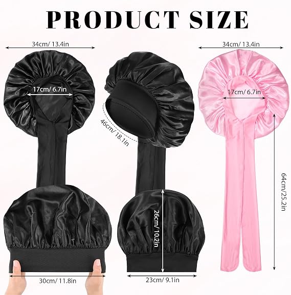 PAEFIU 2 Pcs Satin Bonnet, Silk Bonnet Hair Wrap for Sleeping with 2 Scrunchie Soft Comfortable Night Cap for Curly Straight Natural Hair Women Girls