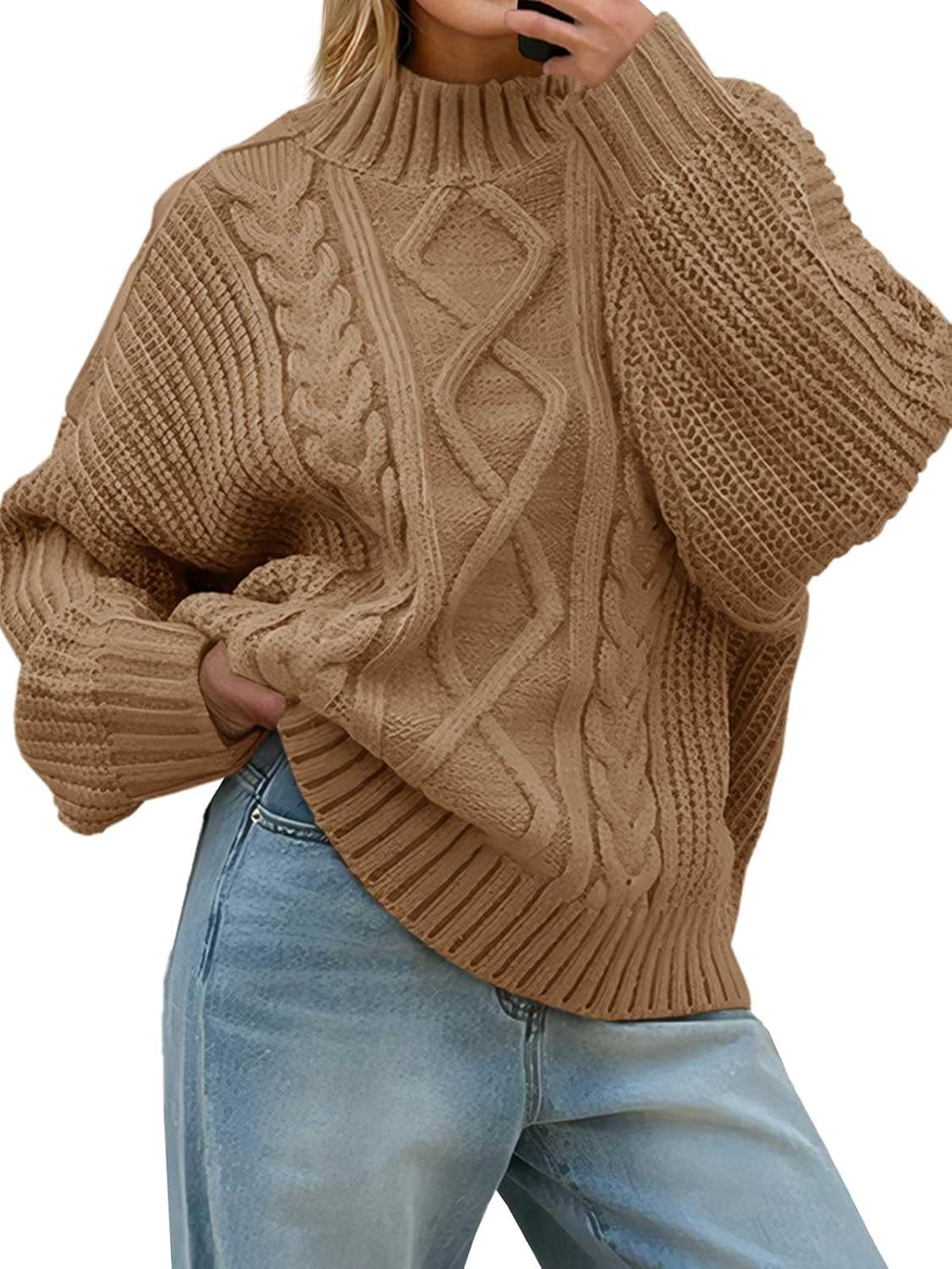 Saodimallsu Womens Oversized Cable Knit Sweaters 2025 Fall Winter Trendy Button Up Turtleneck Chunky Pullover Sweater Tops
