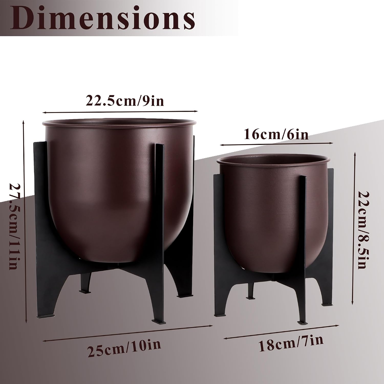 TRIROCKS Set of 2 Planters with Stand Indoor Outdoor Metal Plant Stand 16 &8" H Modern Planters Flower Pots for Living Room Corner Kitchen Office Garden Balcony Patio Decor