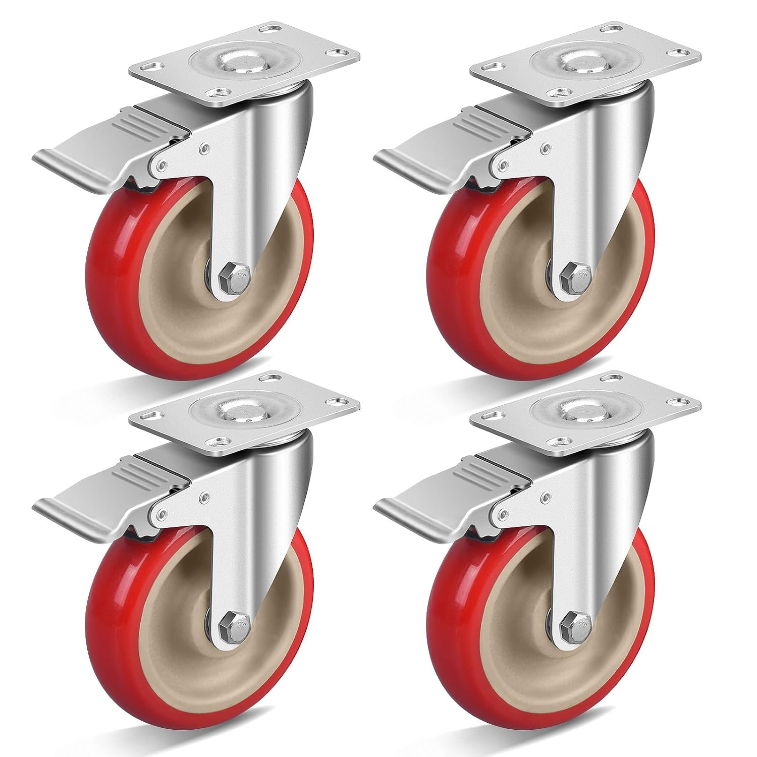 5 Inch Caster Wheels, a Set of 4 Heavy-Duty Casters with Safety Double Locks, 2400Lbs Industrial Casters, Polyurethane Noise Free Wheels for Carts, Workbenches, and Furniture