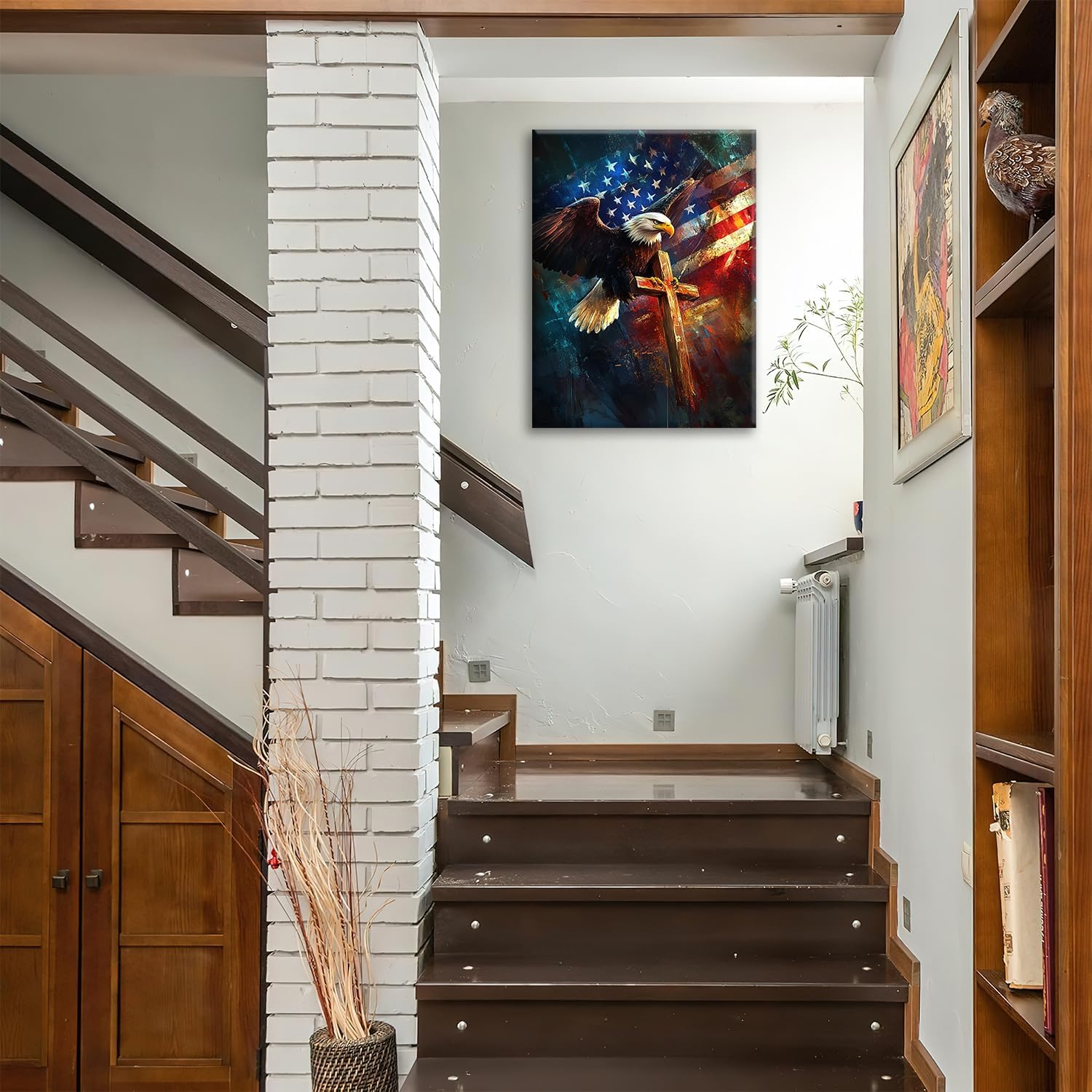 Eagle Canvas Wall Art Patriotic American Flag Painting Picture Christian Cross Framed for Bathroom Bedroom Living Room Bald Eagle Modern Home Office Wall Decor 12"x16"