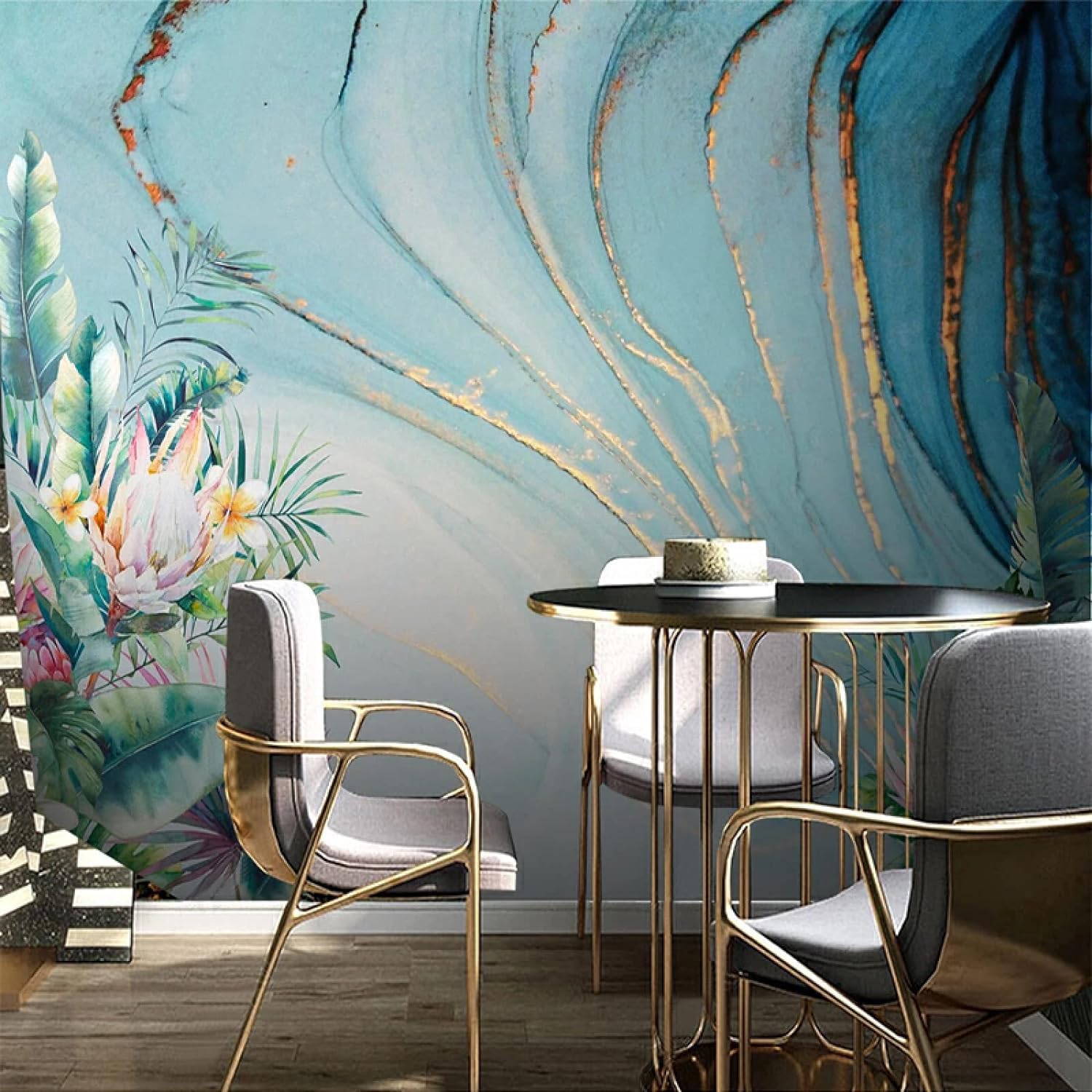 Papier peint mural 3D fleurs et feuilles 350x256 cm - Fresque en tissu pour décoration de salon