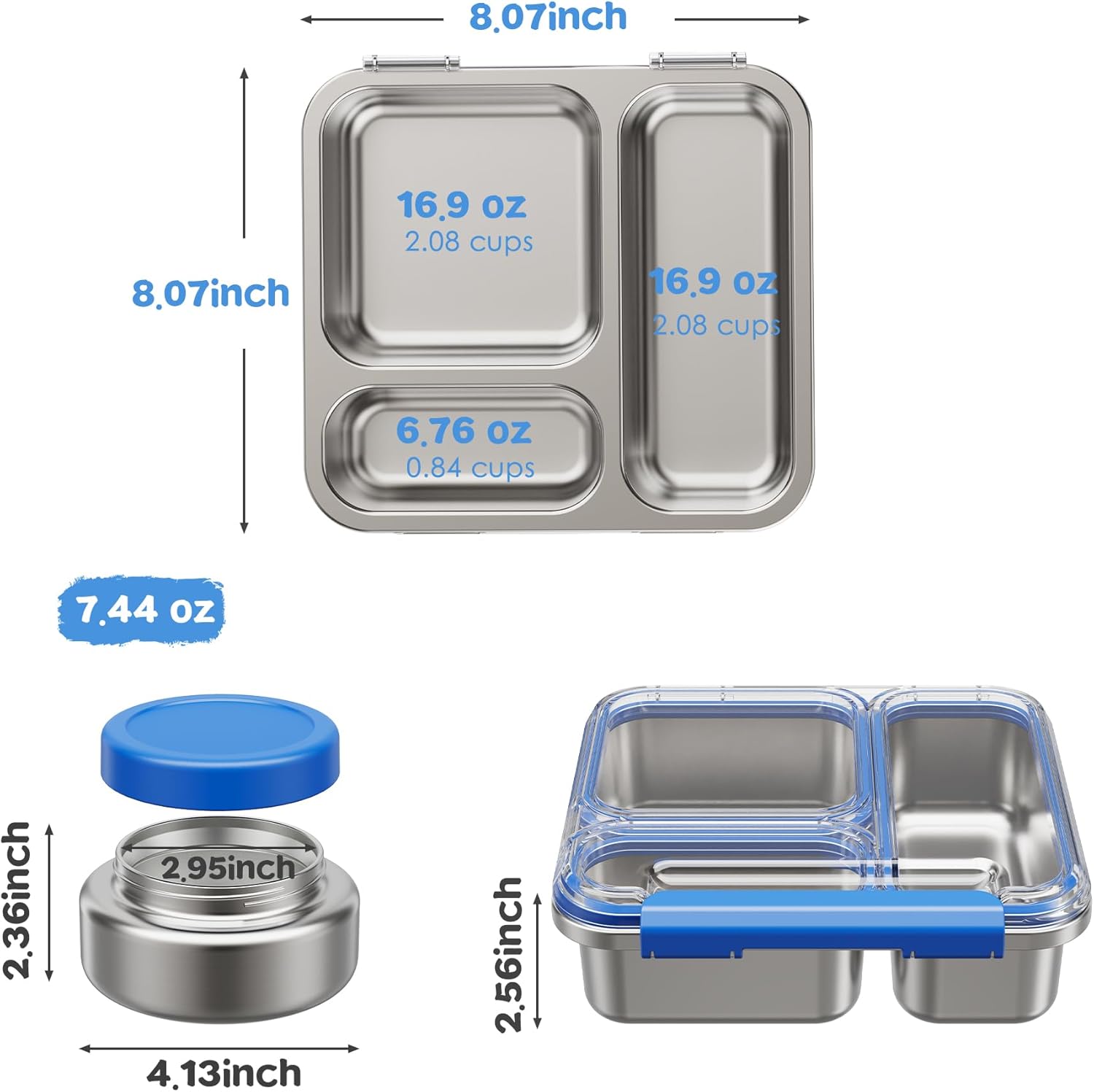 Stainless Steel Bento Box Kids Adult with 7oz Insulated Food Jar, Transparent Lid Metal Lunch Box With Soup Thermal Jar, Lunch Box Container with Removable Divider & Sauce Cup School (Blue) - Image 6