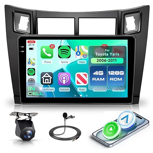 4+128G Android 15 Car Stereo Radio for Toyota Yaris 2006-2011 with Wireless Carplay Android Auto, 9'' in-Cell Screen Head Unit with GPS/Bluetooth 5.0/FM RDS/EQ/Wi-Fi Mirror Link Backup Camera SWC