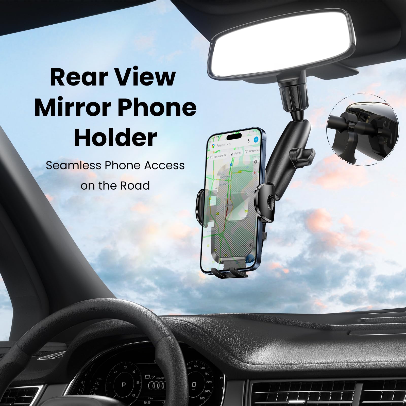 Soporte para teléfono de Coche, Espejo retrovisor, Soporte Giratorio de 360°, Compatible con Todos los teléfonos celulares iPhone y Android de 4 a 7 Pulgadas