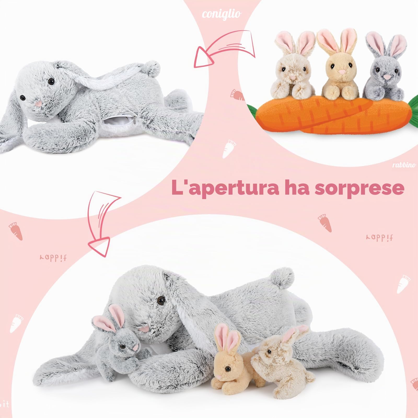 MorisMos Coniglio Peluche Gigante, 60cm Mom Coniglio con 3 Kawaii Bebè Grigio Easter Bunny Teddy Morbido Animali di Peluche Grande Regalo per Ragazzi Ragazze Fidanzata Pasqua Compleanno Deco