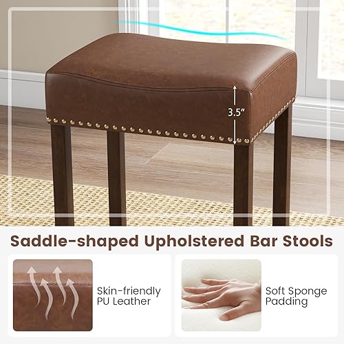 Miniatura 3 de Giantex Juego de 2 taburetes de bar de 24 pulgadas en forma de silla de montar, taburetes de cuero sintético con reposapiés, taburetes de bar