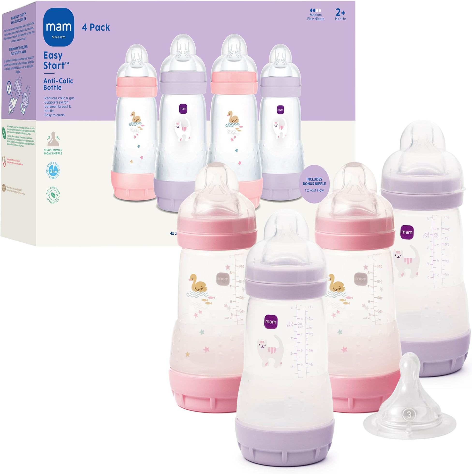 MAM 9 oz. Easy Start Matte Deco, 2+ Months, Girl, 4 Pack (with Bonus Fast)