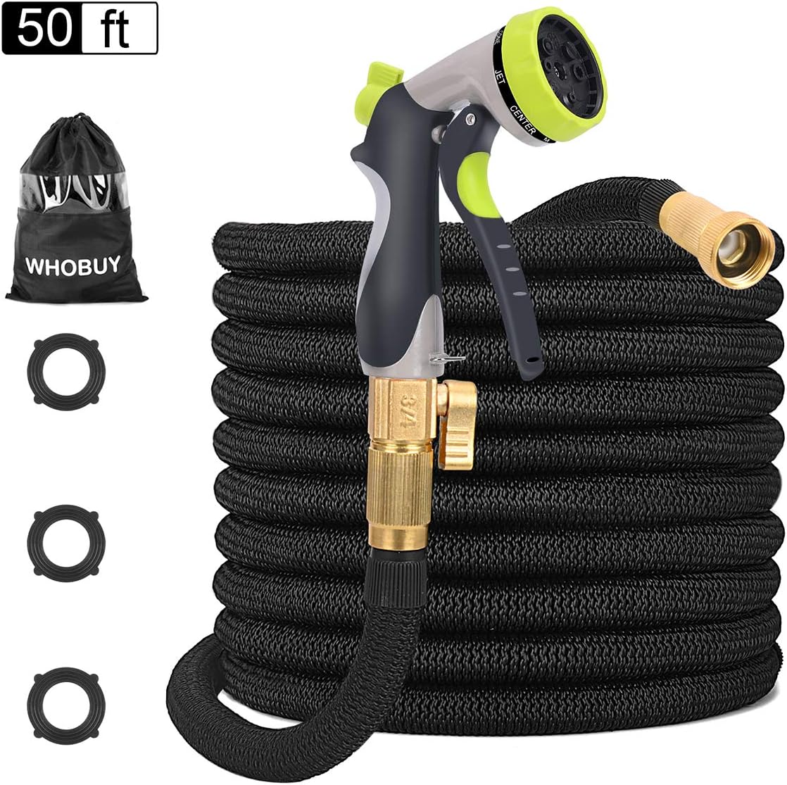WHOBUY 50 FT Upgraded Flexible Garden Hose with 8-Patterns Spray Nozzle and Hose Storage Bag, 3/4" Solid Brass Connectors, Expandable No Kink No Break Durable Outdoor Water Hose for Yard