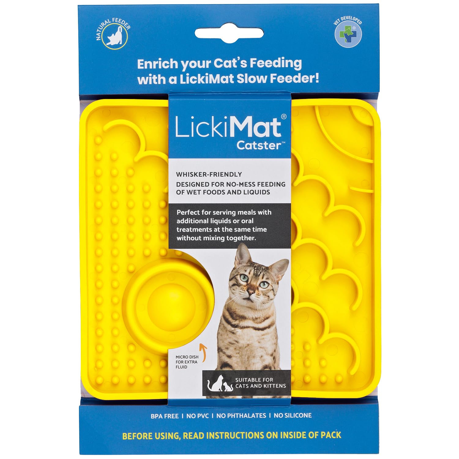 LickiMat Catster Cat Food Mat - Cat Slow Feeder with Micro Dish for Added Hydration - Perfect for Food, Treats, Yoghurt & Anxiety Relief for Cats - Fun Alternative to Slow Feeder Cat Bowl - Yellow โ image 1