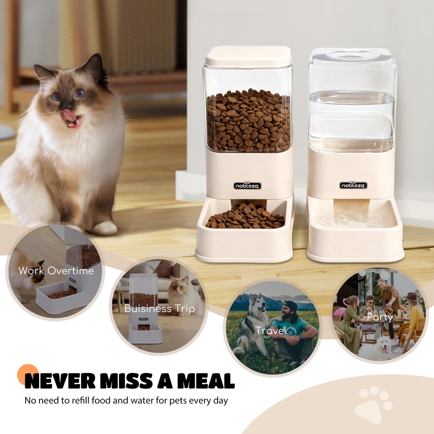 Nobleza Wasserspender Futterspender für Katze und Hund, 3.8L Automatischer Trockenfutterspender Wasserspender für kleine und mittelgroße Haustiere,