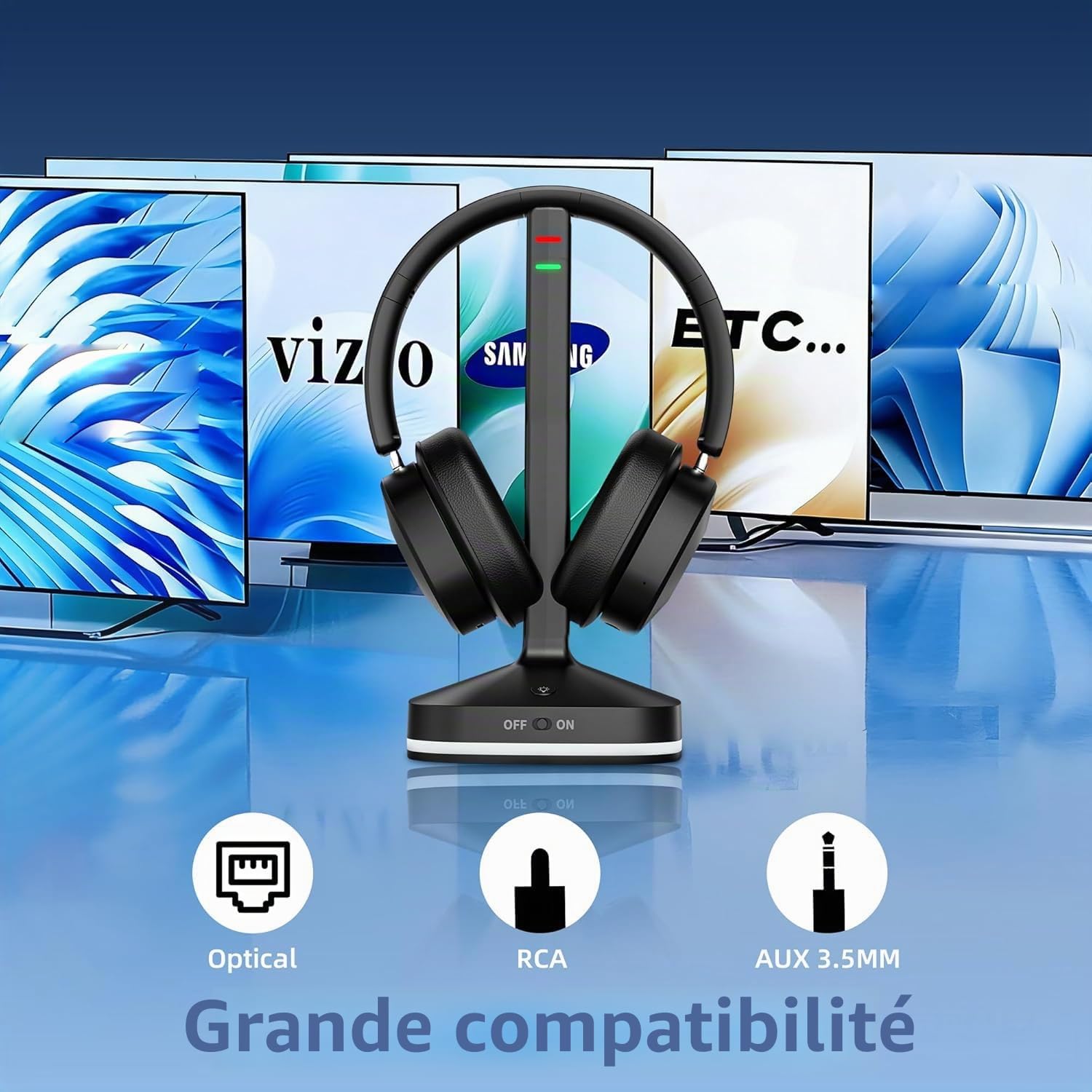 Wantek Bluetooth Casques TV sans Fil | <40ms Basse Latence & 30m Portée | 40h Autonomie & Charge Rapide | Compatible avec 99% des TVs (Optique/RCA/AUX) | Modes EQ & Microphone