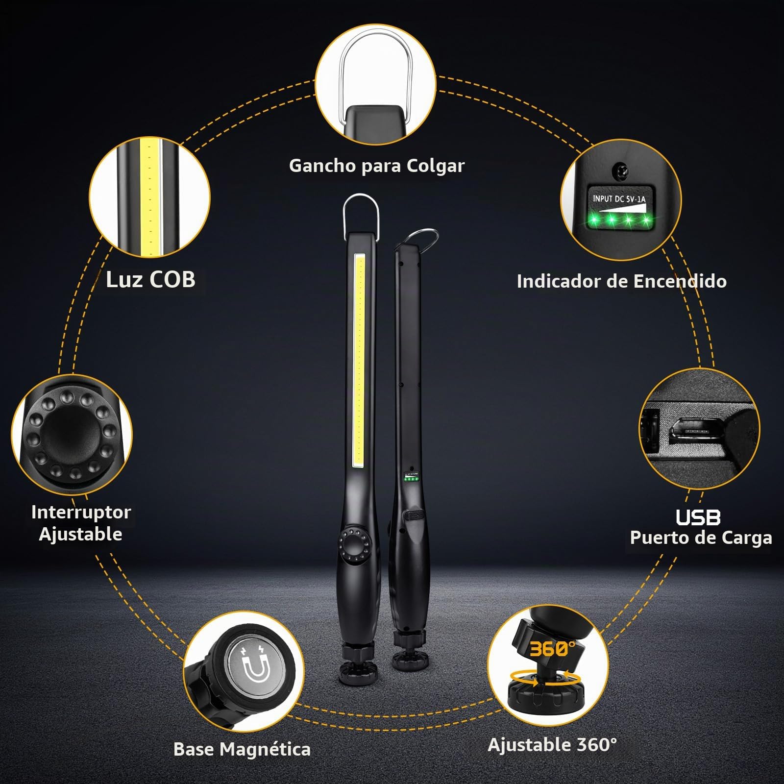Lámpara de trabajo LED linterna de taller, lámpara de inspección COB recargable con lámpara de trabajo magnética para reparación de coches, taller, camping, iluminación de emergencia (3 unidades)