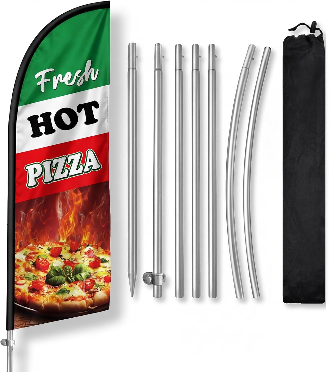 Fresh Hot Pizza Flag for Business, 8FT Fresh Hot Pizza Feather Flag Banner, Polyester Advertising Swooper Flag with Aluminium Alloy Flag Pole Kit, Stainless Steel, Ground Spike, Portable Bag
