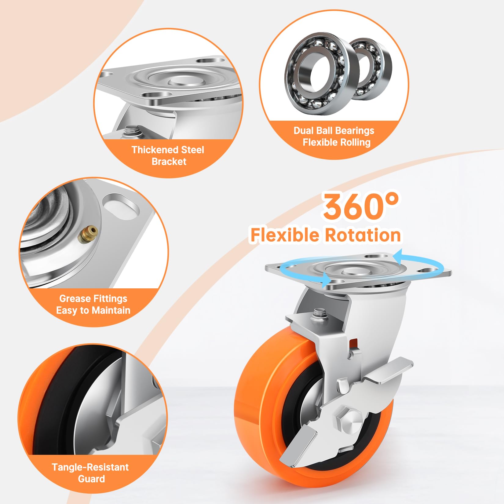 125mm Roulette Charge Lourde Avec Frein, en Polyuréthane Industrielles Roue Capacité 1600 Kg Avec Double Roulement à Billes, Silencieux et RéSistant à l'Usure Équipement, Machines, lot de 4