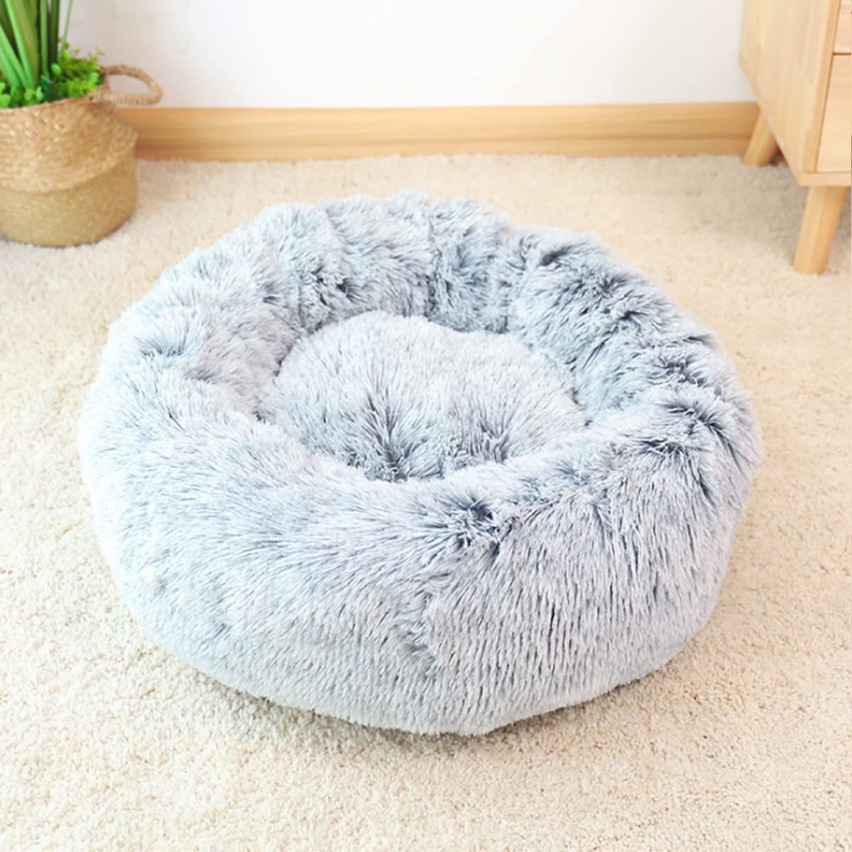 Calming Dog Bed Cat Bed, Washable Round Dog Bed Anti-Slip Fluffy Faux Plush Donut Cuddler Cat Bed for Small Medium Large Dogs - Waterproof Bottom diameter35in — image 1