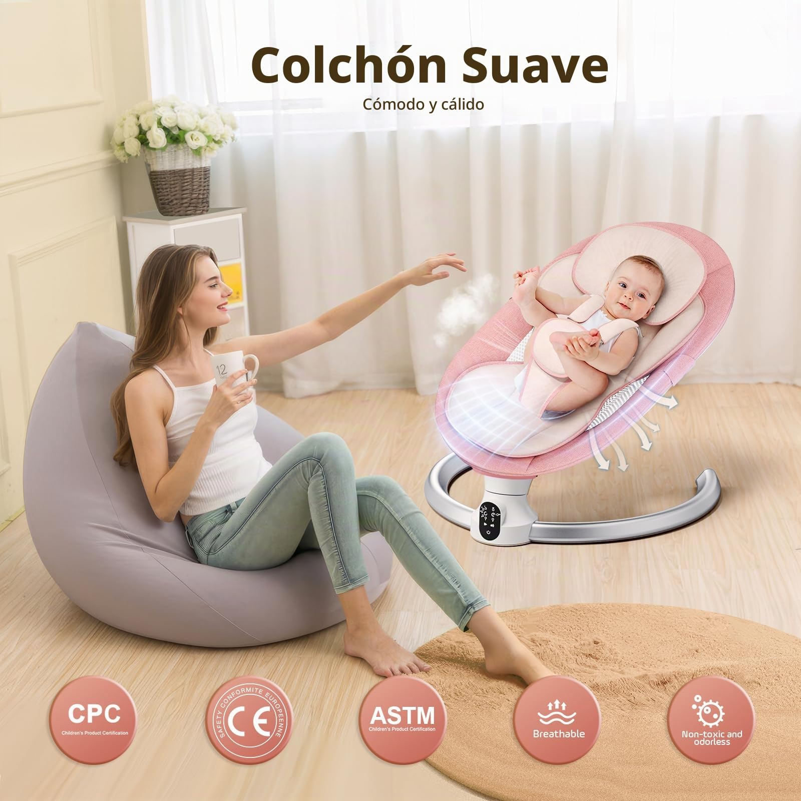 Hamaca bebé eléctrica,Mecedora Bebe electricapara Desde el nacimiento hasta los 9 meses, Bluetooth y distancia Control Silla Mecedora,5 modos de columpio,con arnés seguridad 5 puntos