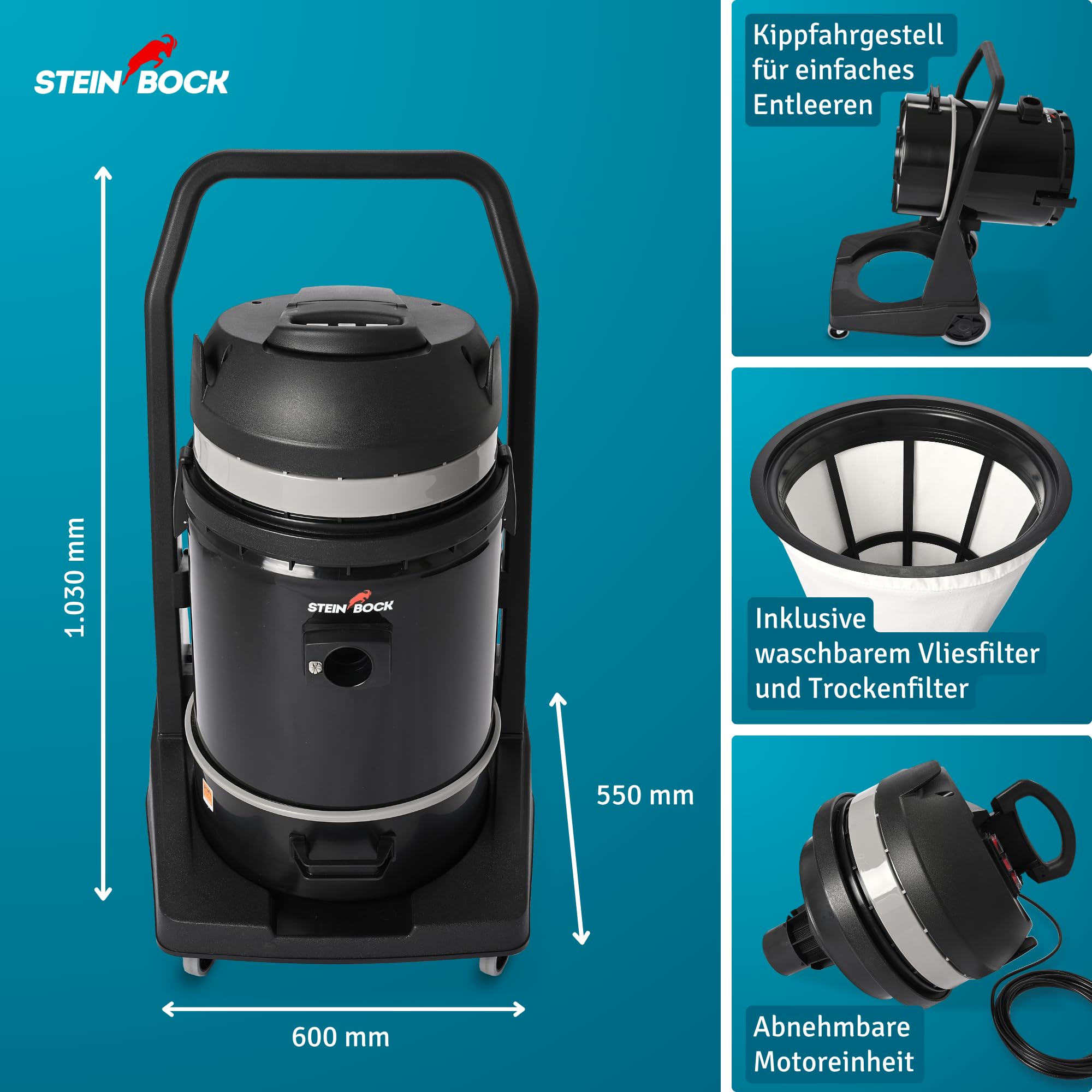 Steinbock Industriesauger nass & trocken| 3.300 Watt | 72 l Fassungsvermögen | mit 3 leistungsstarken Motoren | Für Flüssigkeiten, Feinstaub und groben Schmutz |Kippfahrgestell | Kunststofftank