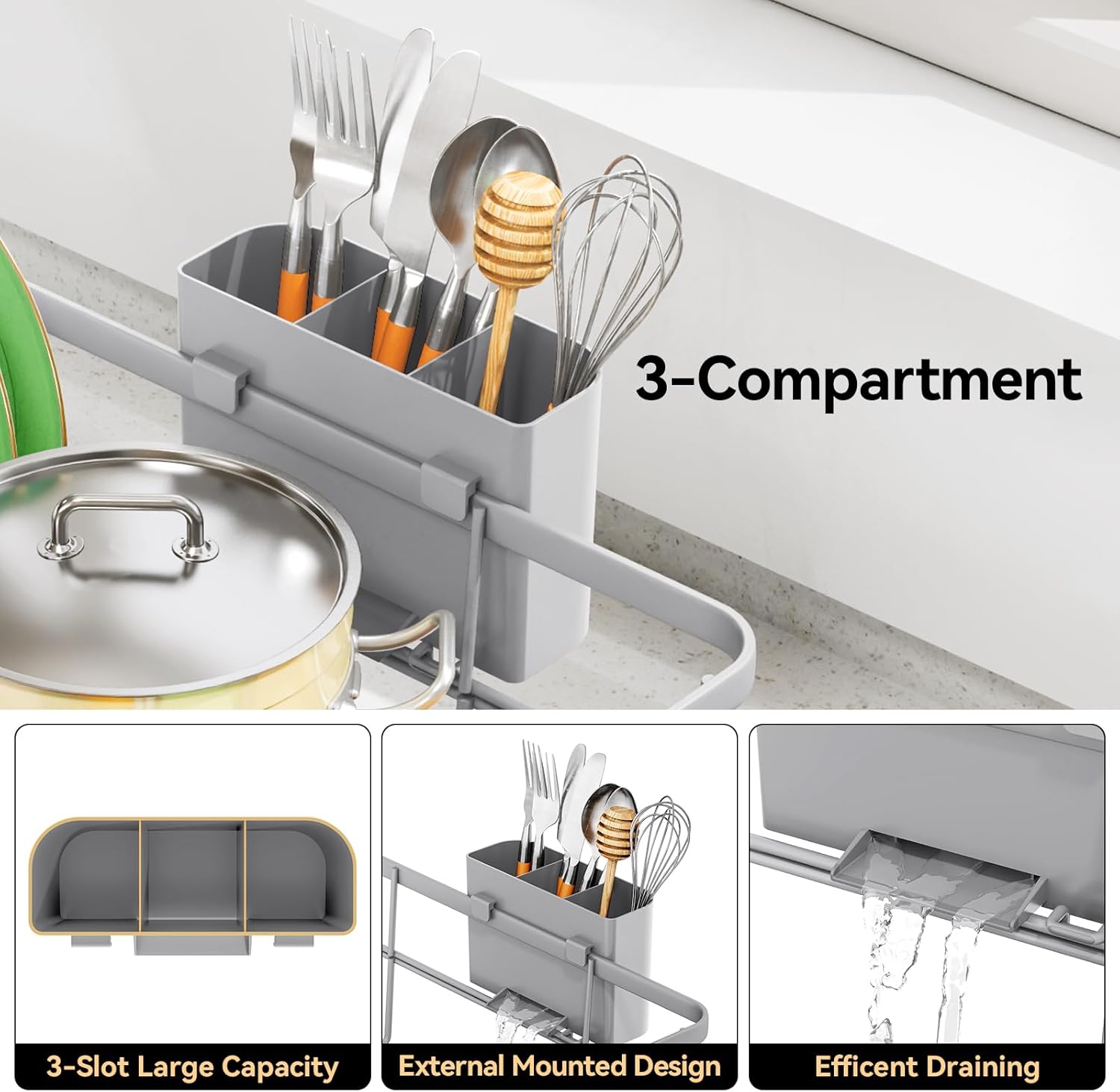 TOOLF Dish Drying Rack, Dish Racks for Kitchen Counter, Stainless Steel Sink Organization and Storage Essentials with Cutlery Holder, Dish Drainer, Home and Appartment Decor, 12.4''W x 16.5''L, Gray