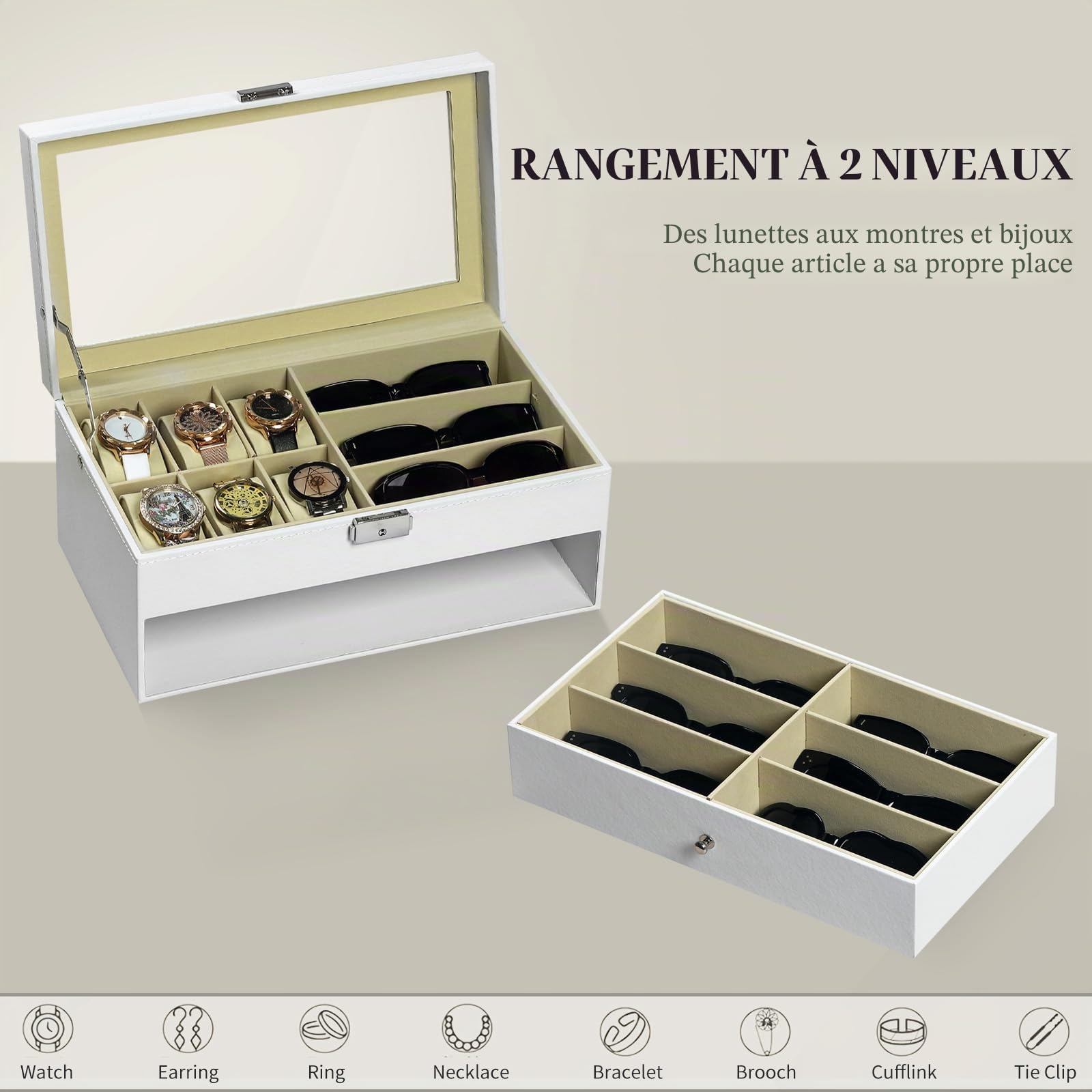 AUTOARK Boîte à bijoux en cuir pour 6 montres et 9 pièces de rangement pour lunettes de soleil avec tiroir verrouillable,Blanc,AW-131