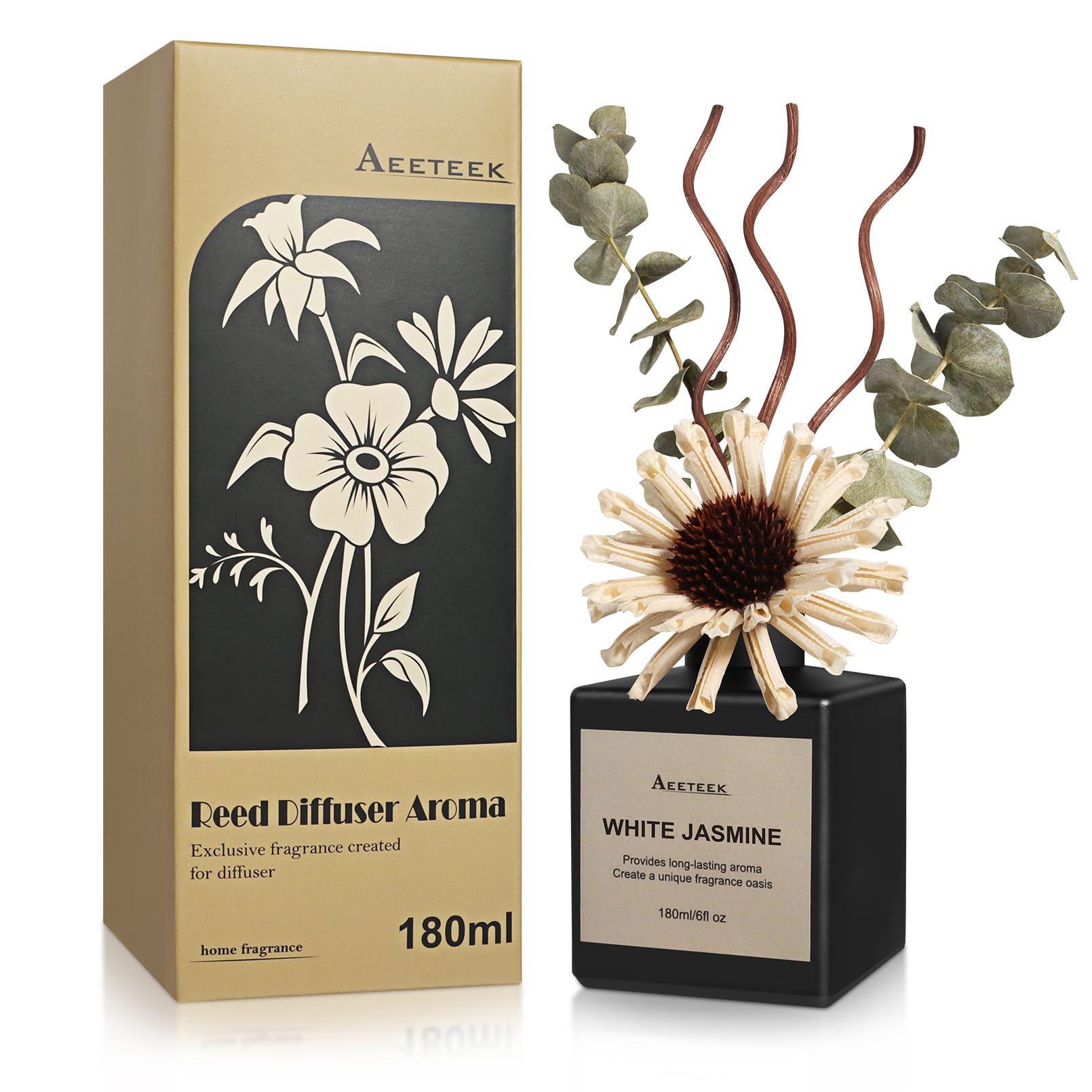 Aeeteek Reed Diffuser Set, White Jasmine Scented Oil with Dried Flowers, 6.09 Fl Oz(180ml) Long Lasting Air Freshener with Diffuser Sticks, Home