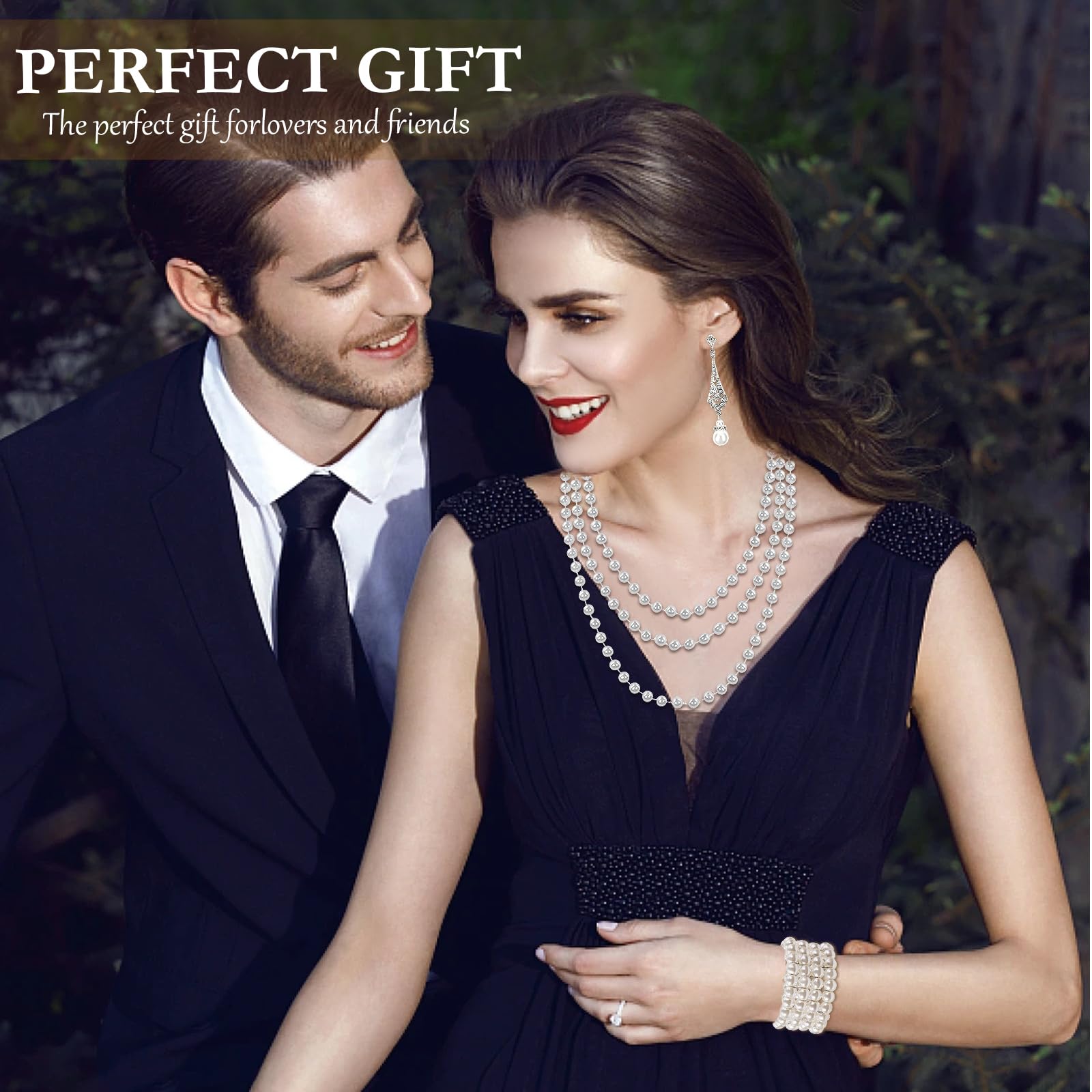 1920s Pearl Jewelry Set - Long Pearl Necklace, Earring Set, Multilayer Bracelet - Flapper Accessories for Women