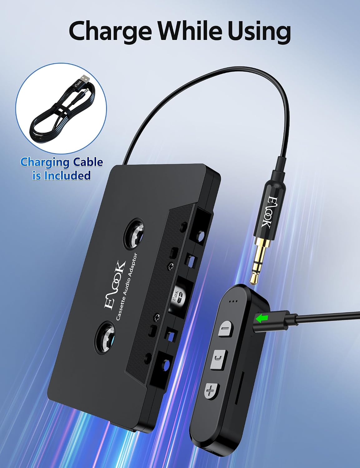 Elook Cassette to Bluetooth Adapter for Car, 5.1 Bluetooth Receiver Kit for Cassette Aux Adapter with 3.5 MM Auxillary Cable, Black