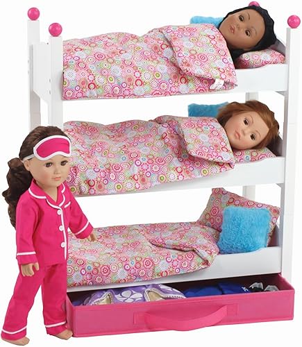 Emily Rose Muebles para muñecas de 18 pulgadas, 3 camas individuales de madera apilables blancas, litera triple con (3) juegos de ropa de cama