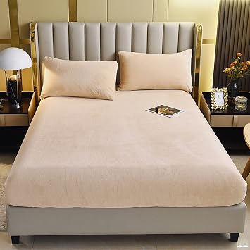 Velvet Fitted Sheet, Soft and Comfortable Flannel Sheet, Elastic Fitted Sheet Mattress Protector Around, 15 "deep Pocket Warm Sheet excluding PillowcaseQueen, Beige