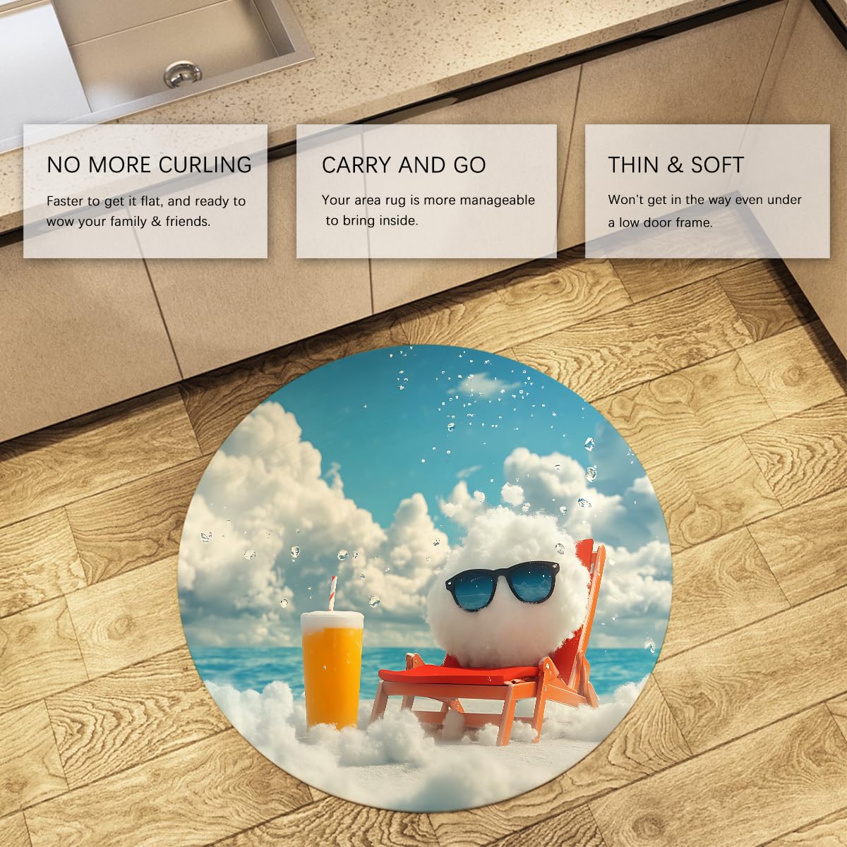 Urocza chmura, letnia plaża, okrągły dywanik do sypialni, 110 cm, niebieskie niebo, ocean, okrągłe dywany, duży, składany, odporny na plamy, dywanik do pokoju zabaw dla dzieci, przedszkola