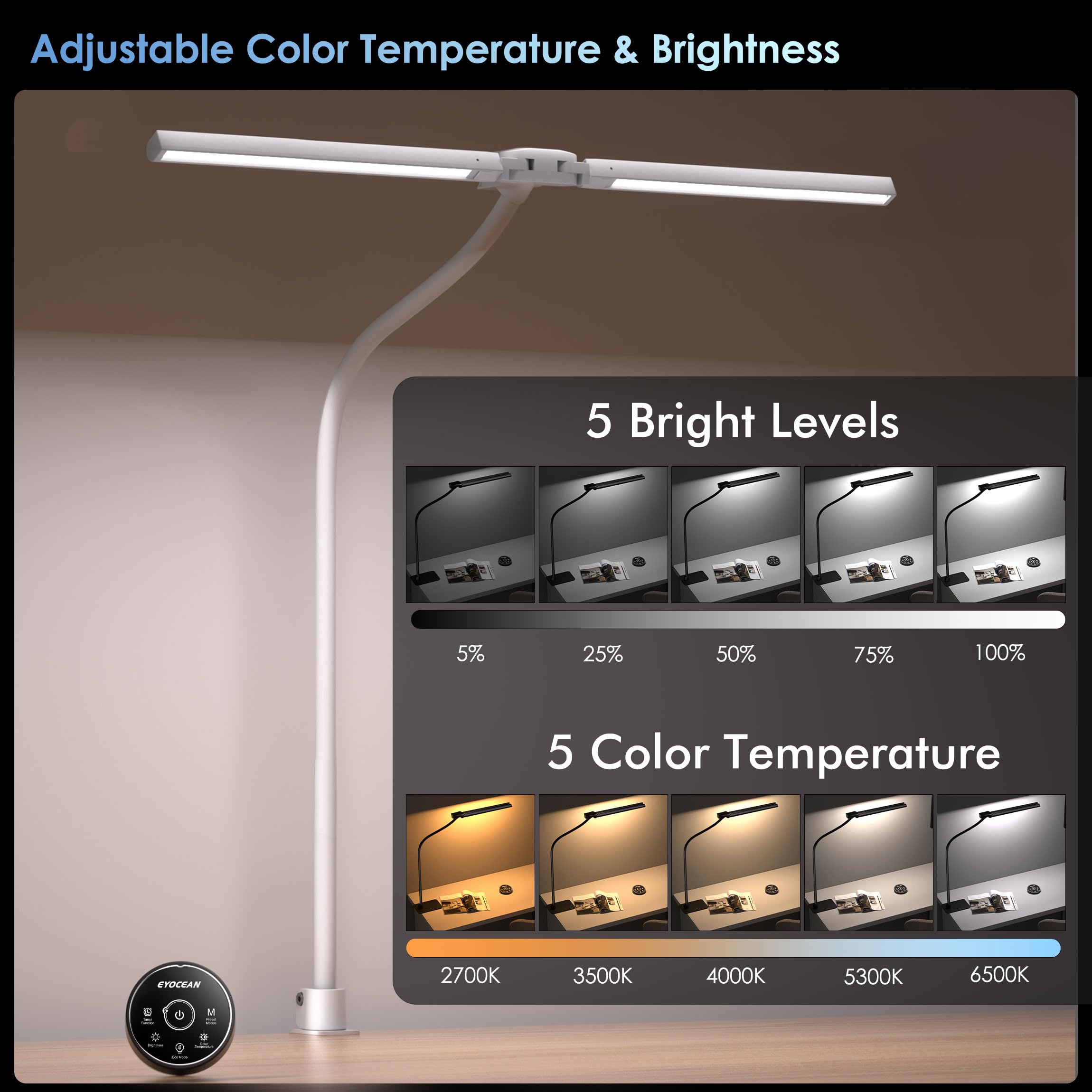 EYOCEAN Schreibtischlampe, Doppelkopf Schreibtischlampe Klemmbar, 16W 72cm Tageslichtlampe Schreibtisch mit Fernbedienung, Dimmbare Monitor Lampe, Schwanenhals Büro Tischlampe, Augenschutz Klemmlampe